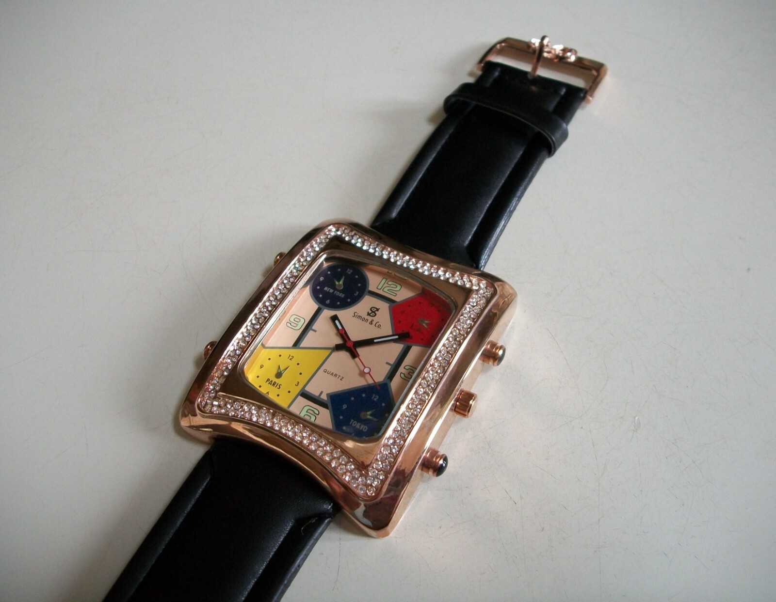 Men’s Stone Rose Gold Multicolor Black Leather Band Fashion Hip Hop Watch