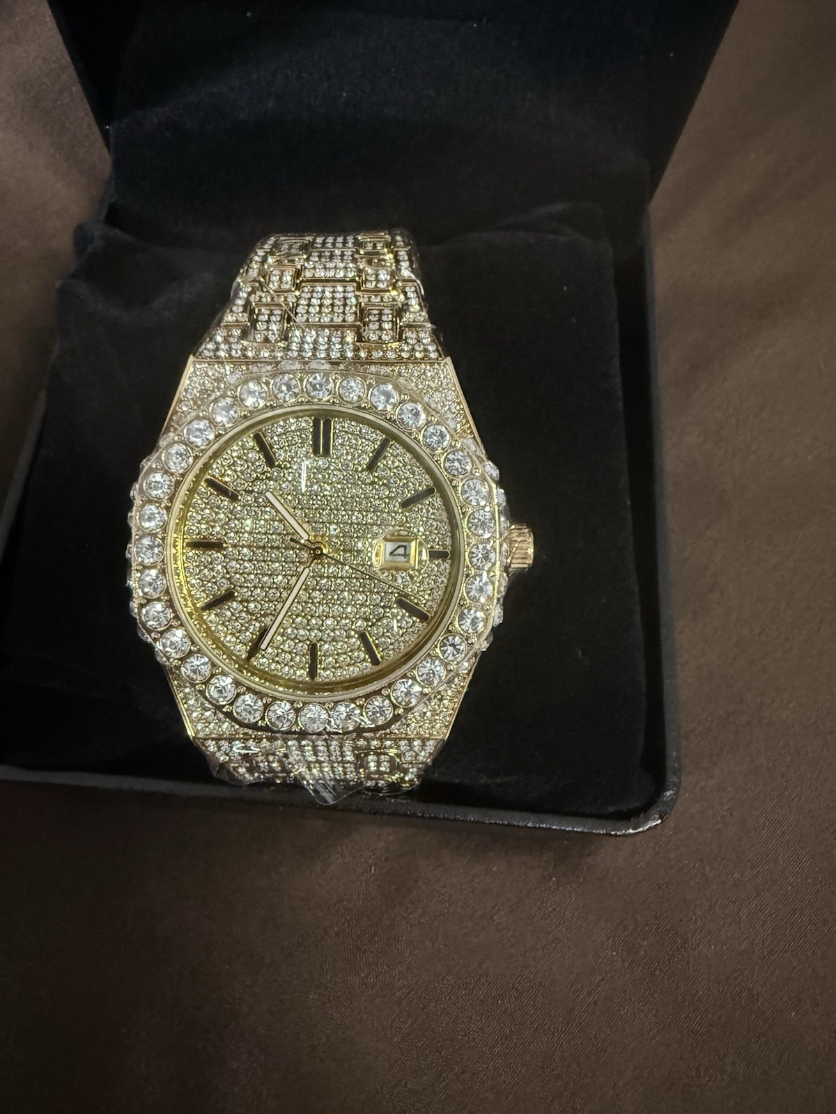 Gold Tone Iced-Out Analog Wristwatch Date Indicator Gem-Set Bezel Bracelet