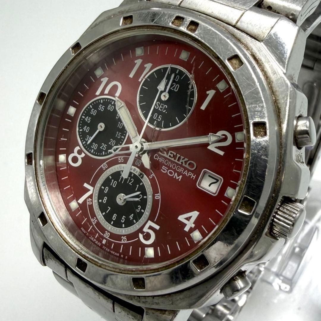 Working SEIKO wristwatch chronograph red men s 7T92 0CA0