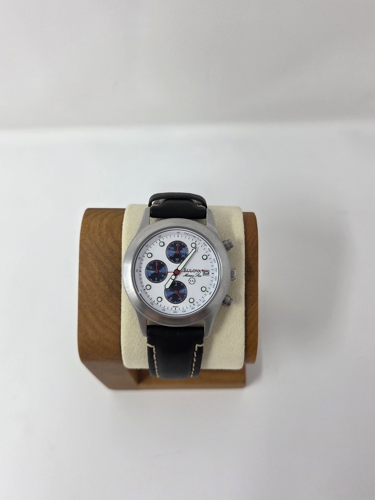 Bulova Marine Star Chronograph Men’s Quartz Watch White Dial Black Leather 100M