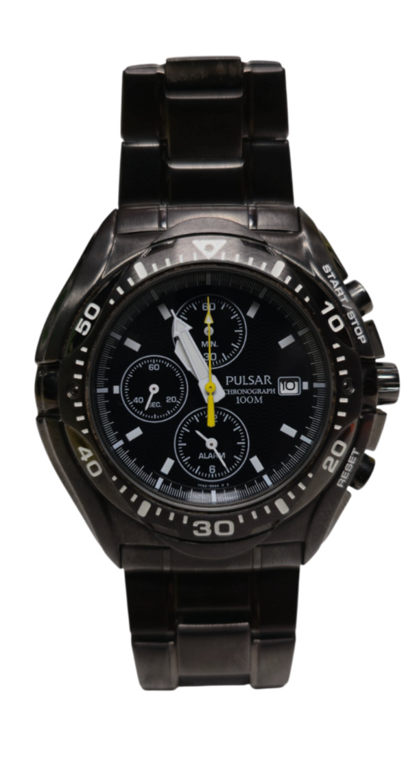 PULSAR Chronograph Gun Metal Black Dial 7T62-X164 100M Divers Quartz Watch