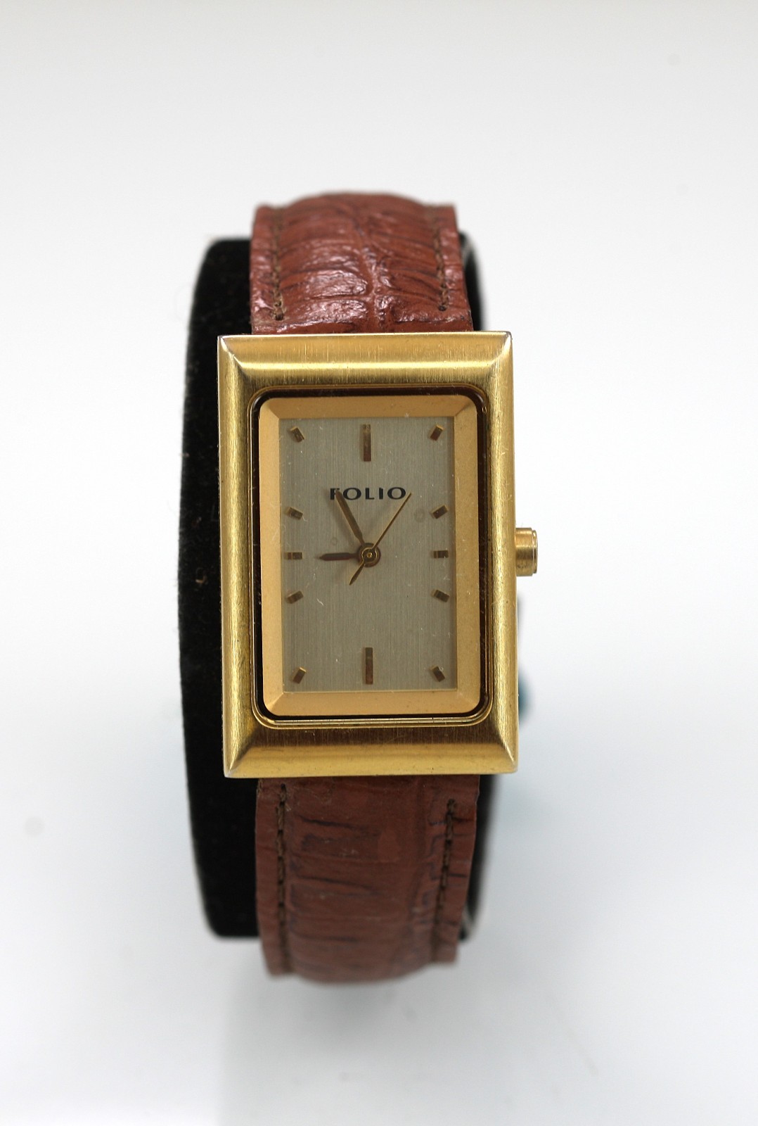 Folio Watch Women Gold Stainless Steel WR Leather Brown Battery Champagne Quartz