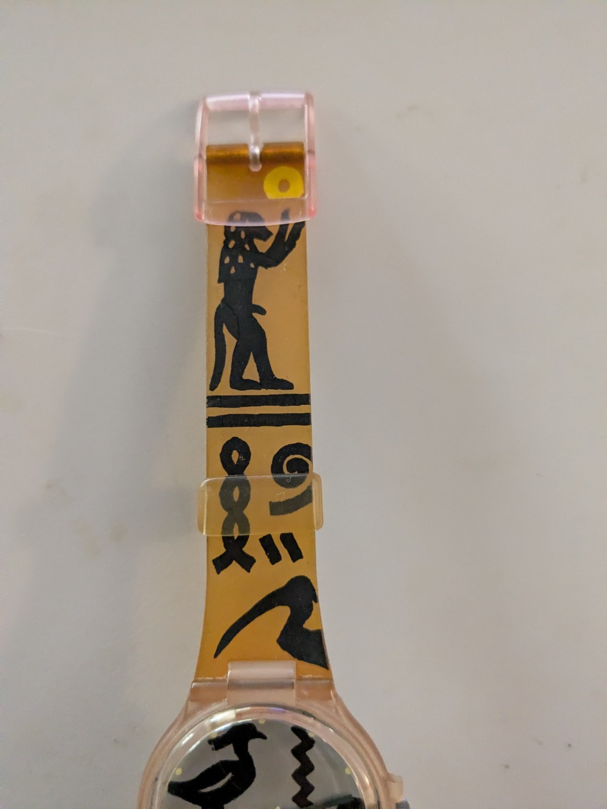 Swatch Quartz Analog 30m Clear Plastic Case 34mm Yellow/Black Strap Egyptian