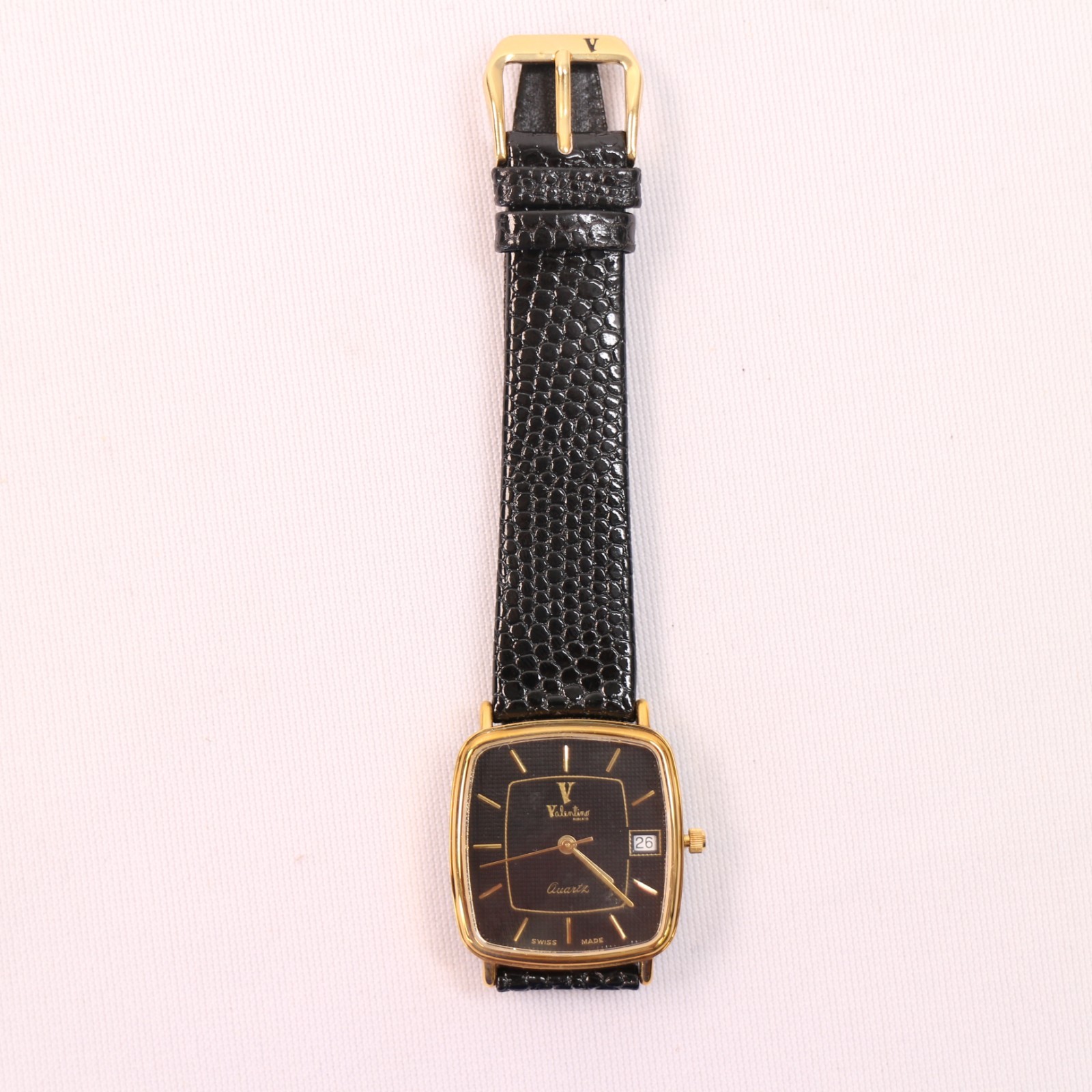Vintage Valentino Roberto Quartz Watch Black Dial Gold Tone Date Swiss Made