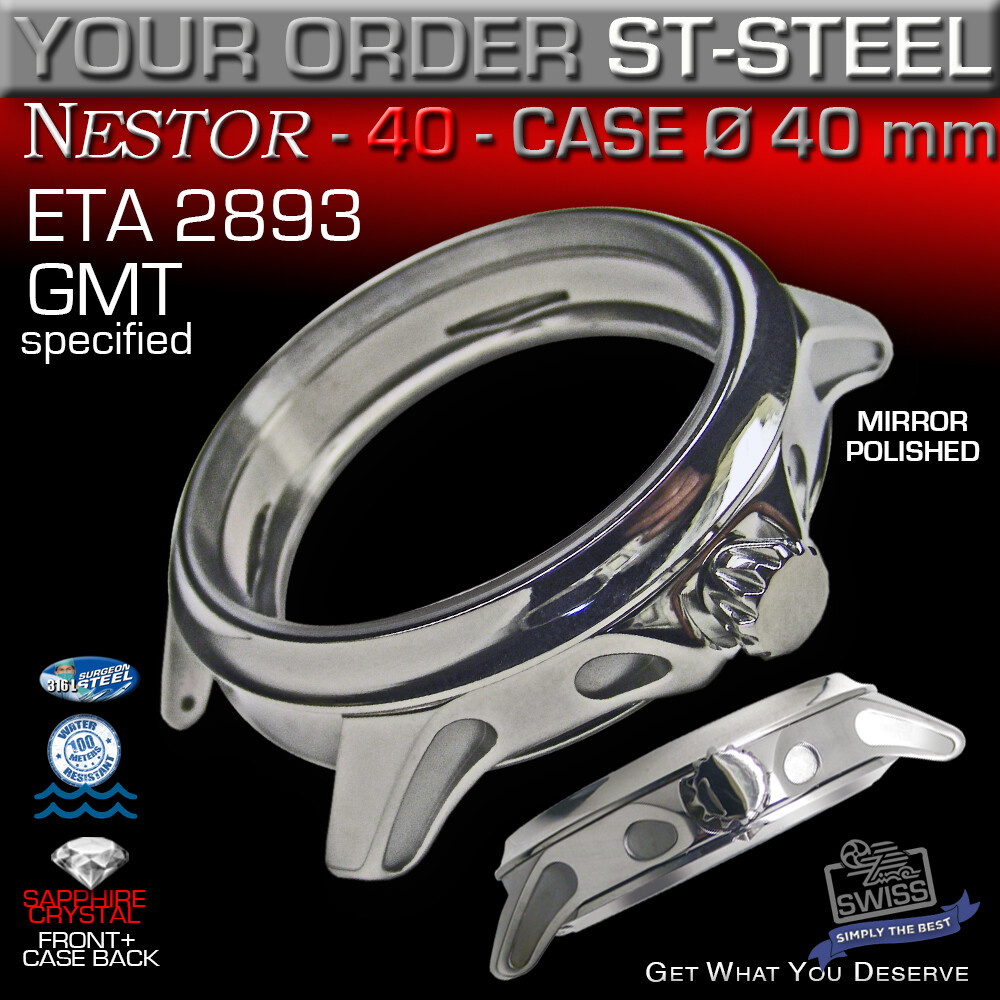 WATCH CASE NESTOR FIT MOVEMENT ETA-2893-2GMT, Ø 40 MM, ST.STEEL,SAPPHIRE CRYSTAL