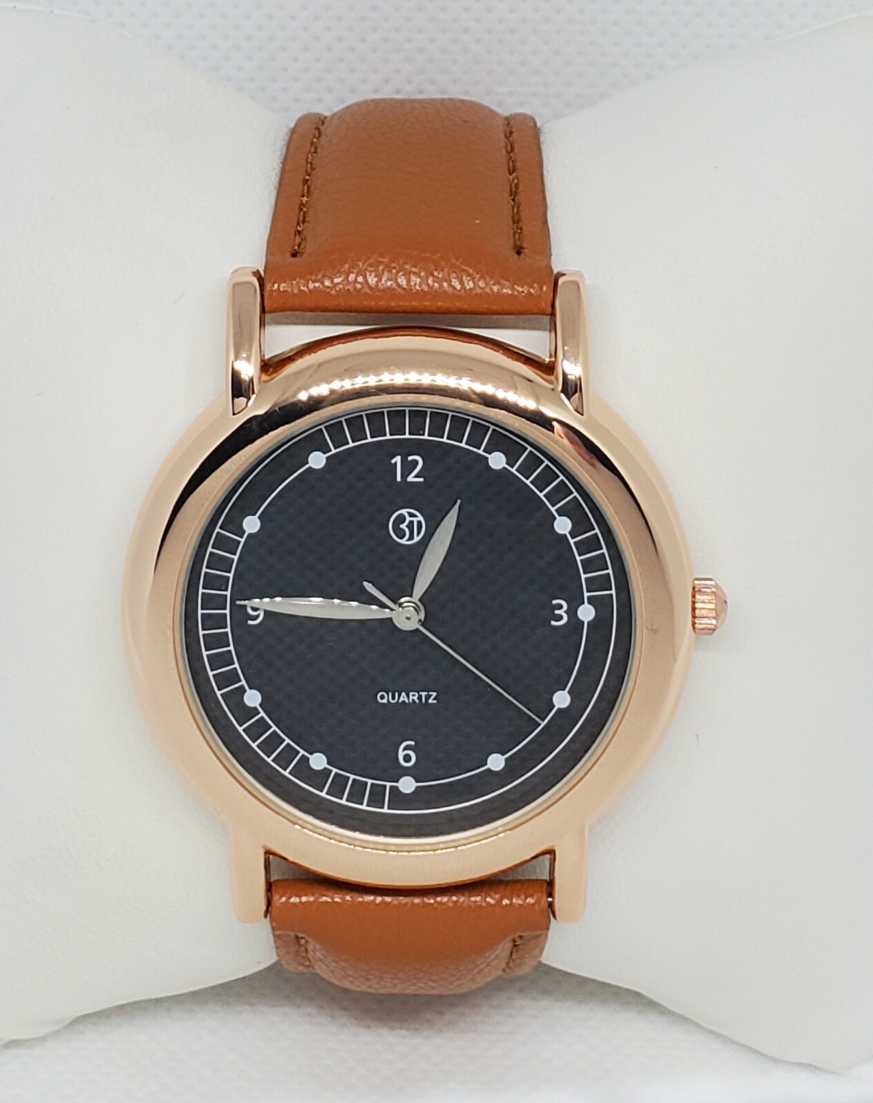 Unisex 3T Rose Gold Tone Brown Leather Band Black Dial Quartz Analog Watch D8