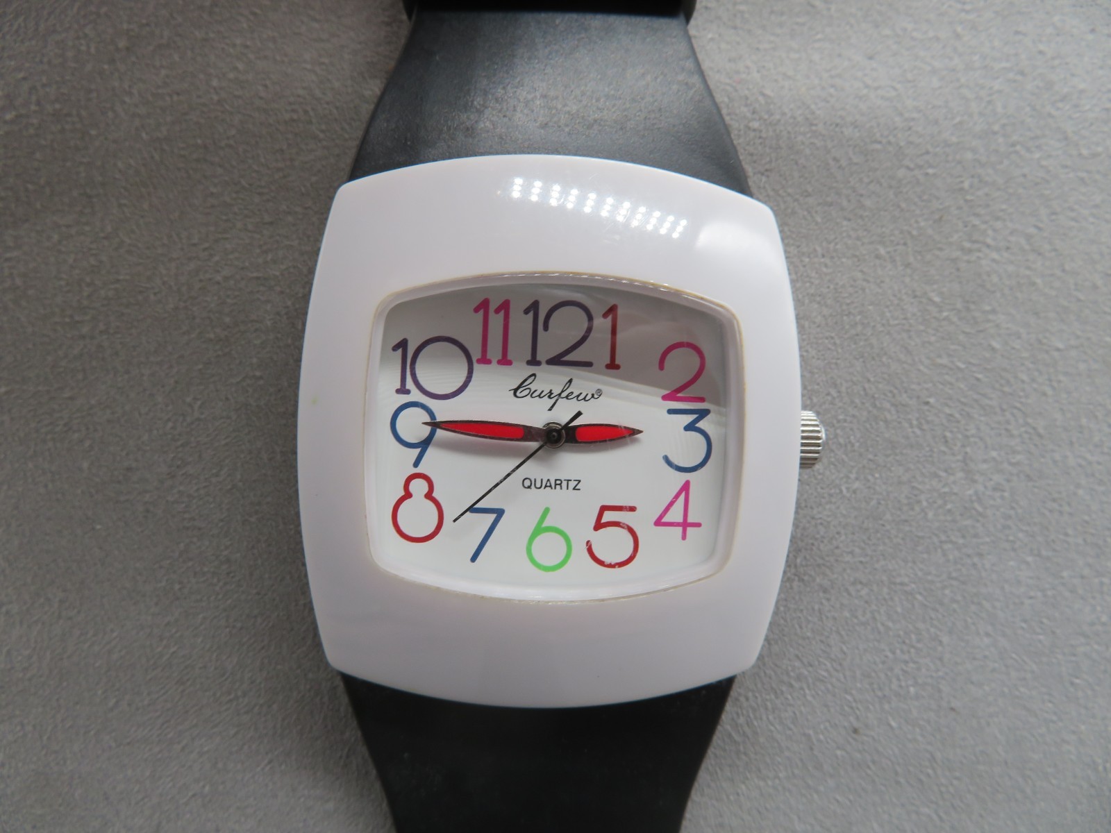 Curfew Quartz Watch Multicolor Numbers, White Bezel, Black Band, New Battery