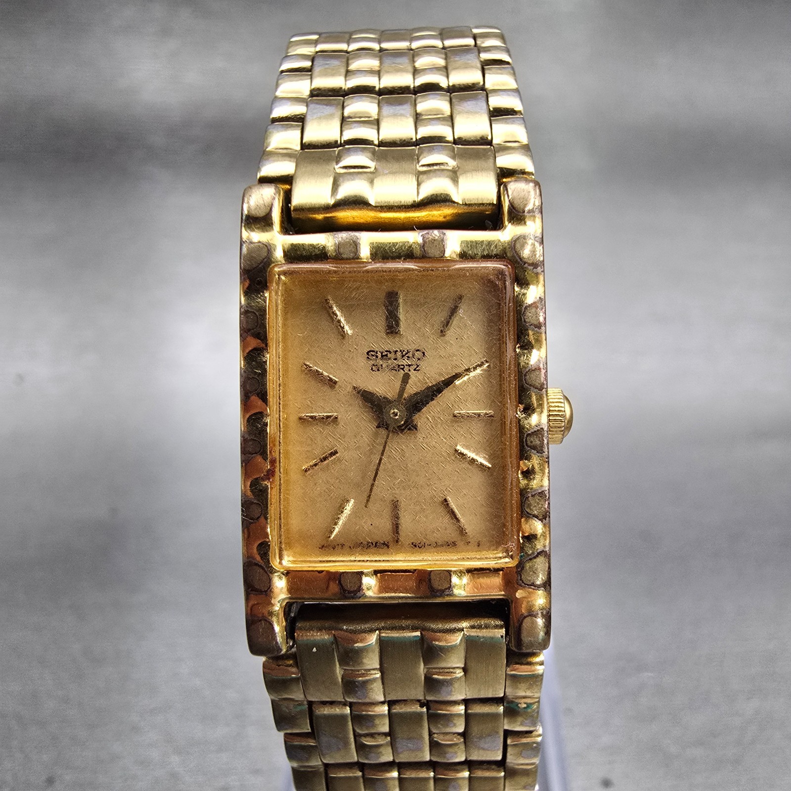 Seiko Watch Women 16mm Gold Dial Gold Tone Rectangle 1N01-5A69 New Battery VTG