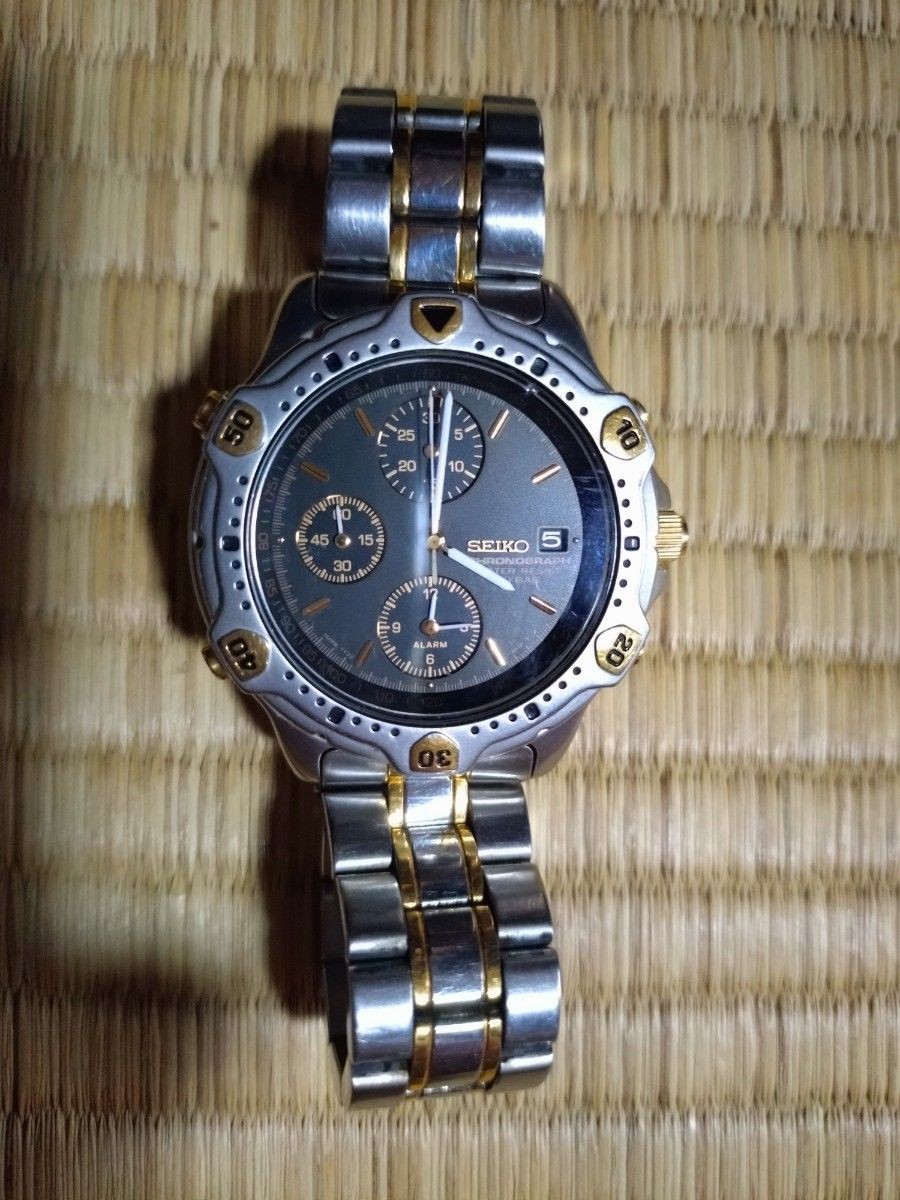 Seiko Chronograph Alarm Mens Quartz Watch Two Tone Silver Gold Japan