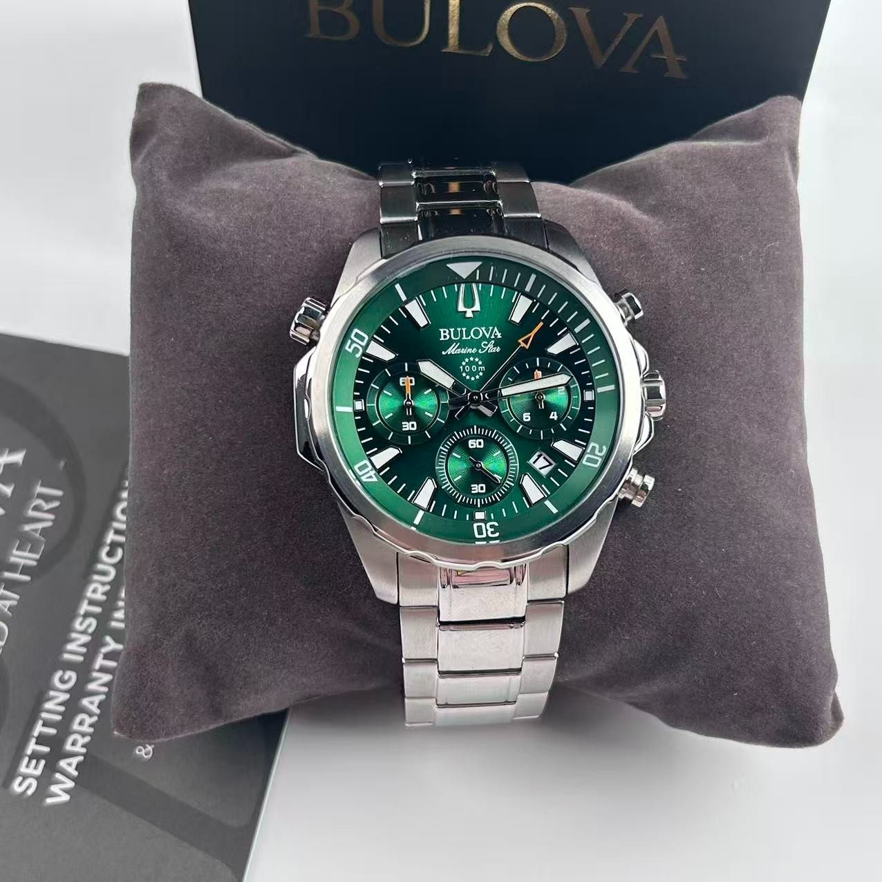 New Bulova Marine Star 96B396 Green Dial Men’s Chronograph Quartz Watch 43 mm