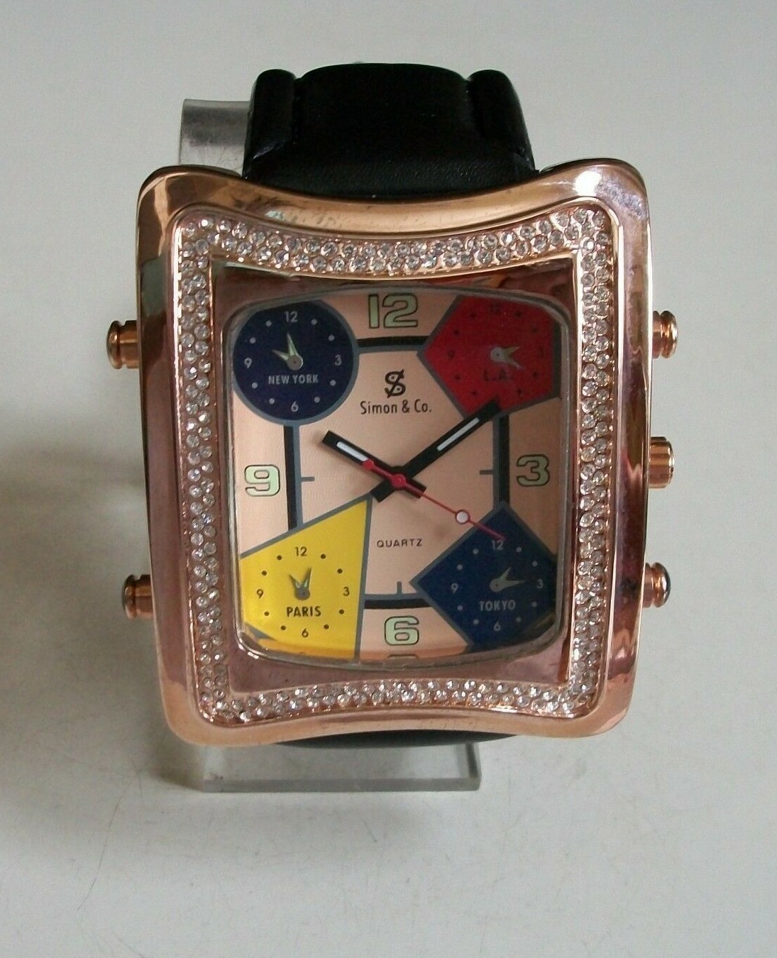 Men’s Stone Rose Gold Multicolor Black Leather Band Fashion Hip Hop Watch