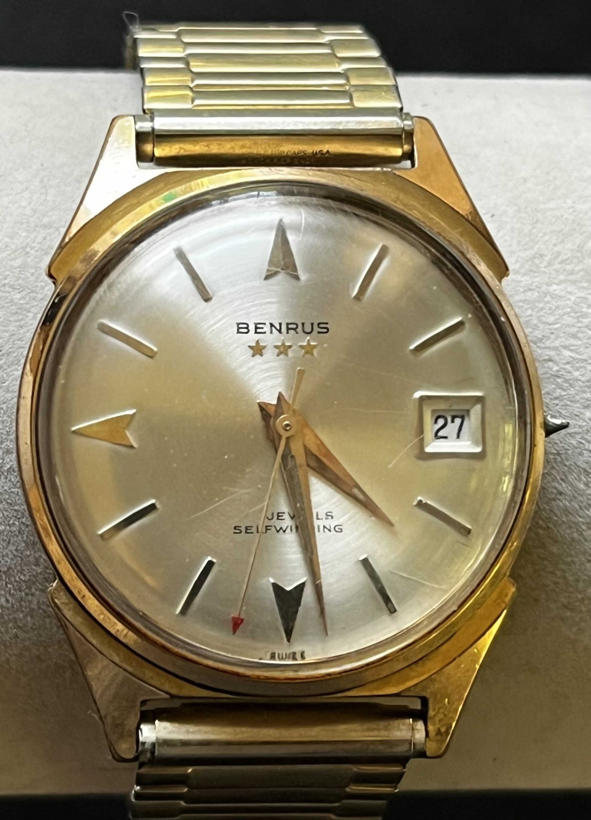 Vintage 1960s BENRUS 3 star 20 micron gold plated Mens Automatic Date Watch Runs