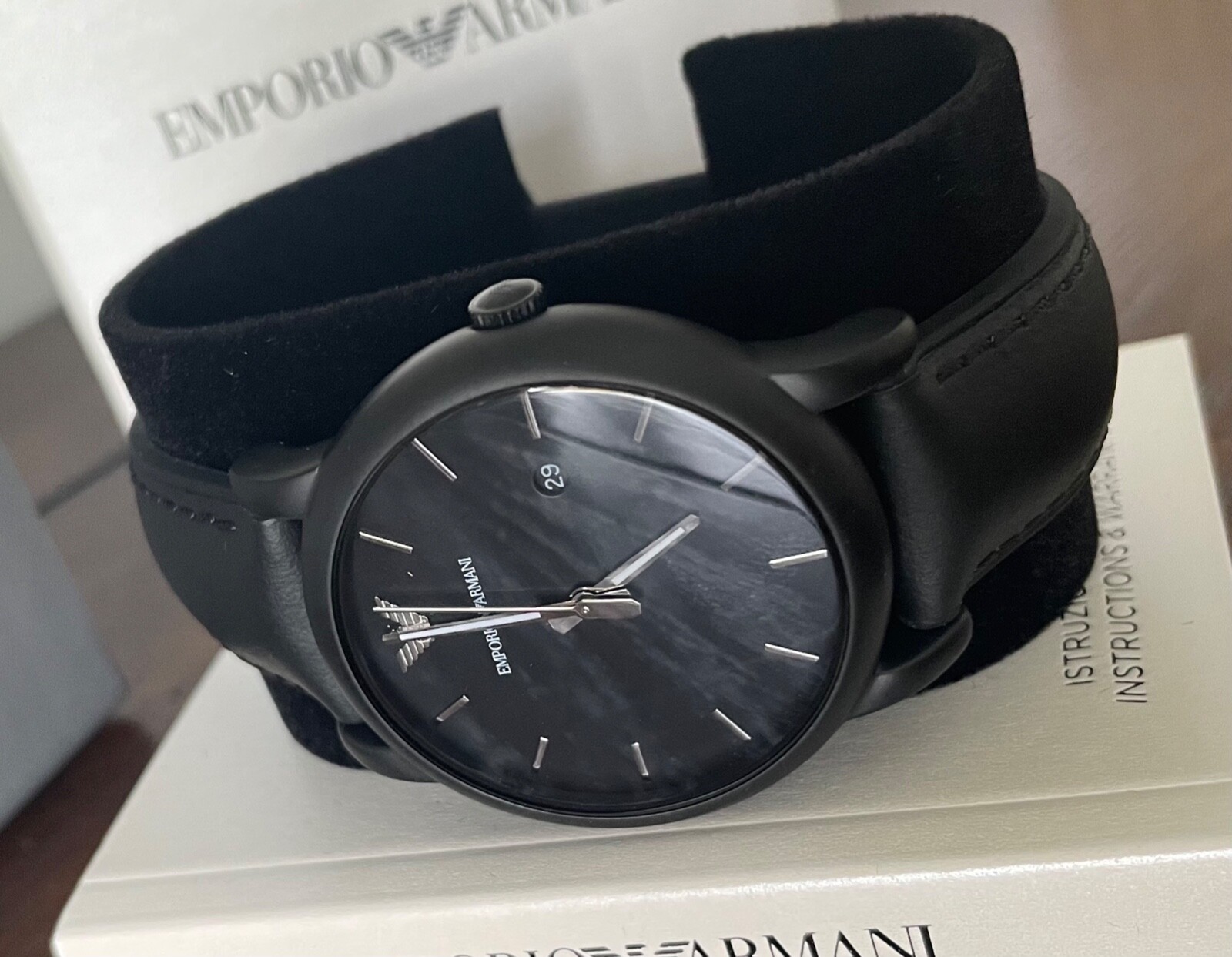 Emporio Armani Mens Classic Black Leather and Silicone Strap Watch AR1973