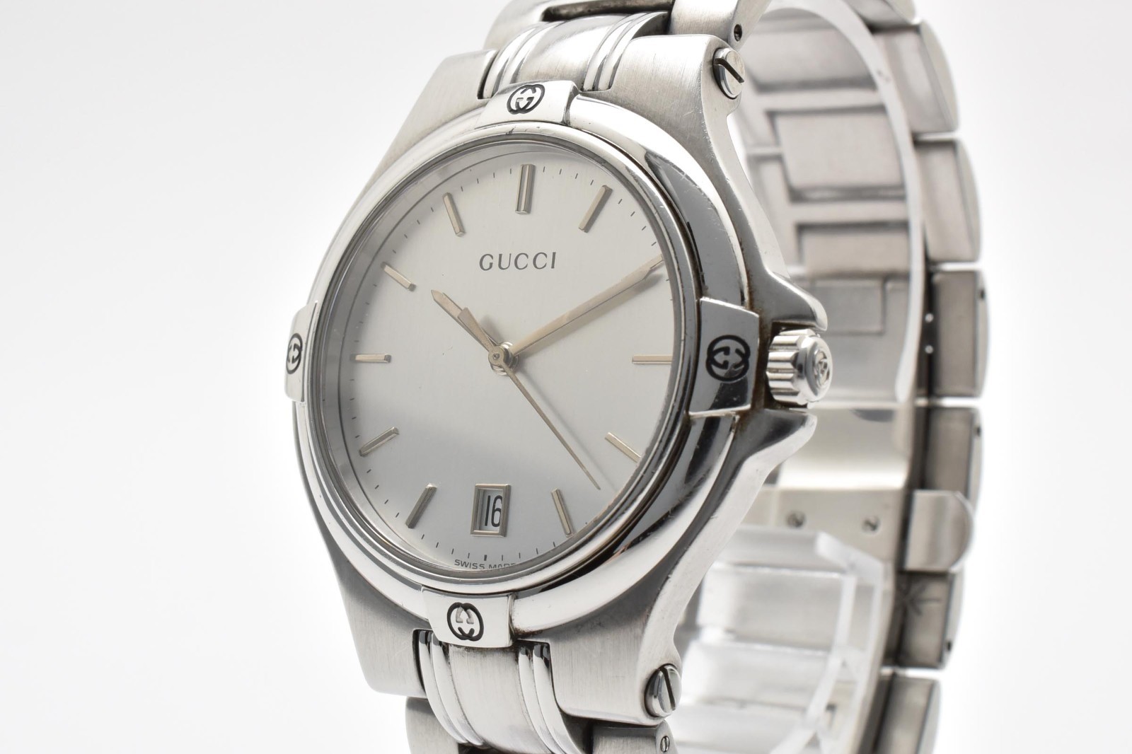 [Exc+5] GUCCI 9040M Quartz Silver Dial Date G-Logo Stainless Watch 16cm JAPAN