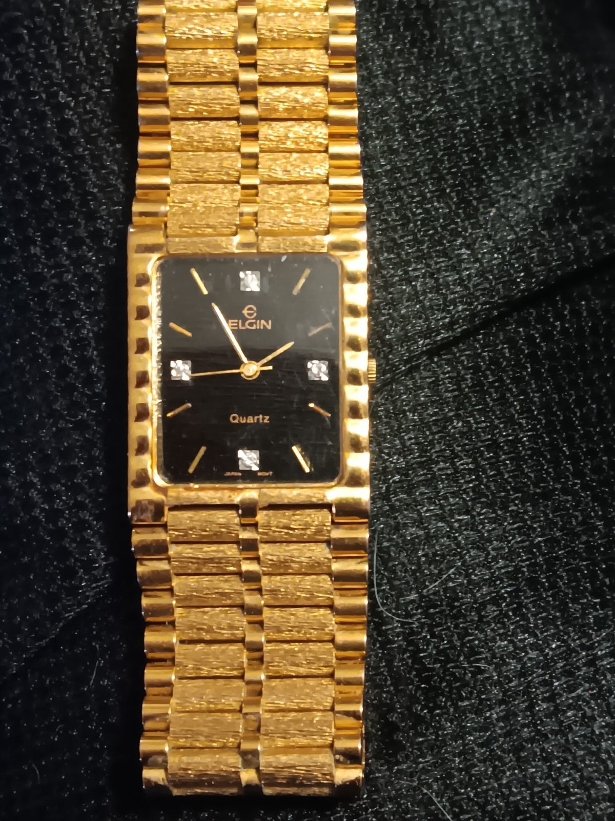 Elgin Quartz Rectangular Gold-Tone Bracelet Watch Black Dial Analog 12-Hour