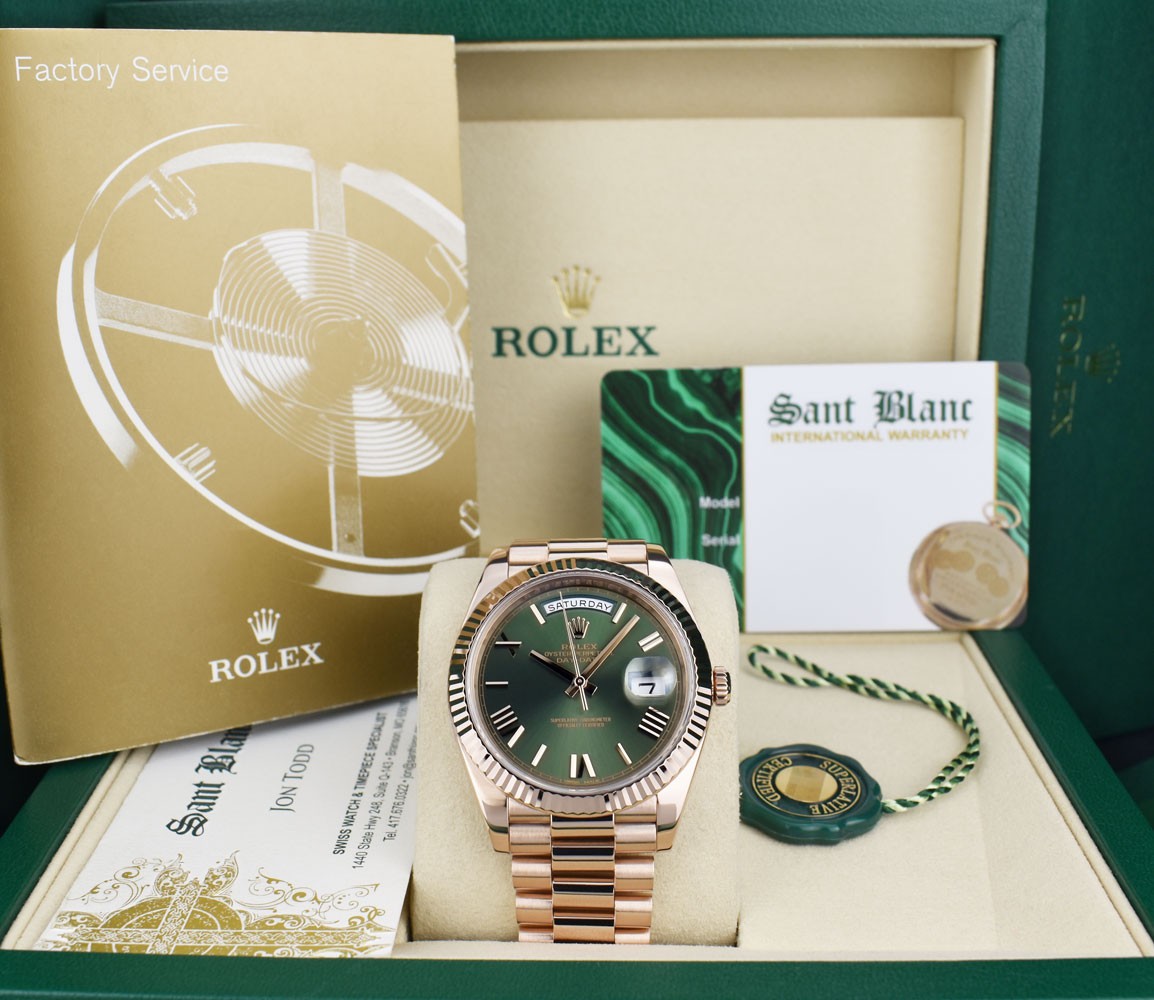 ROLEX 18kt Rose Gold Day Date 40 President Green Roman Dial 228235 SANT BLANC