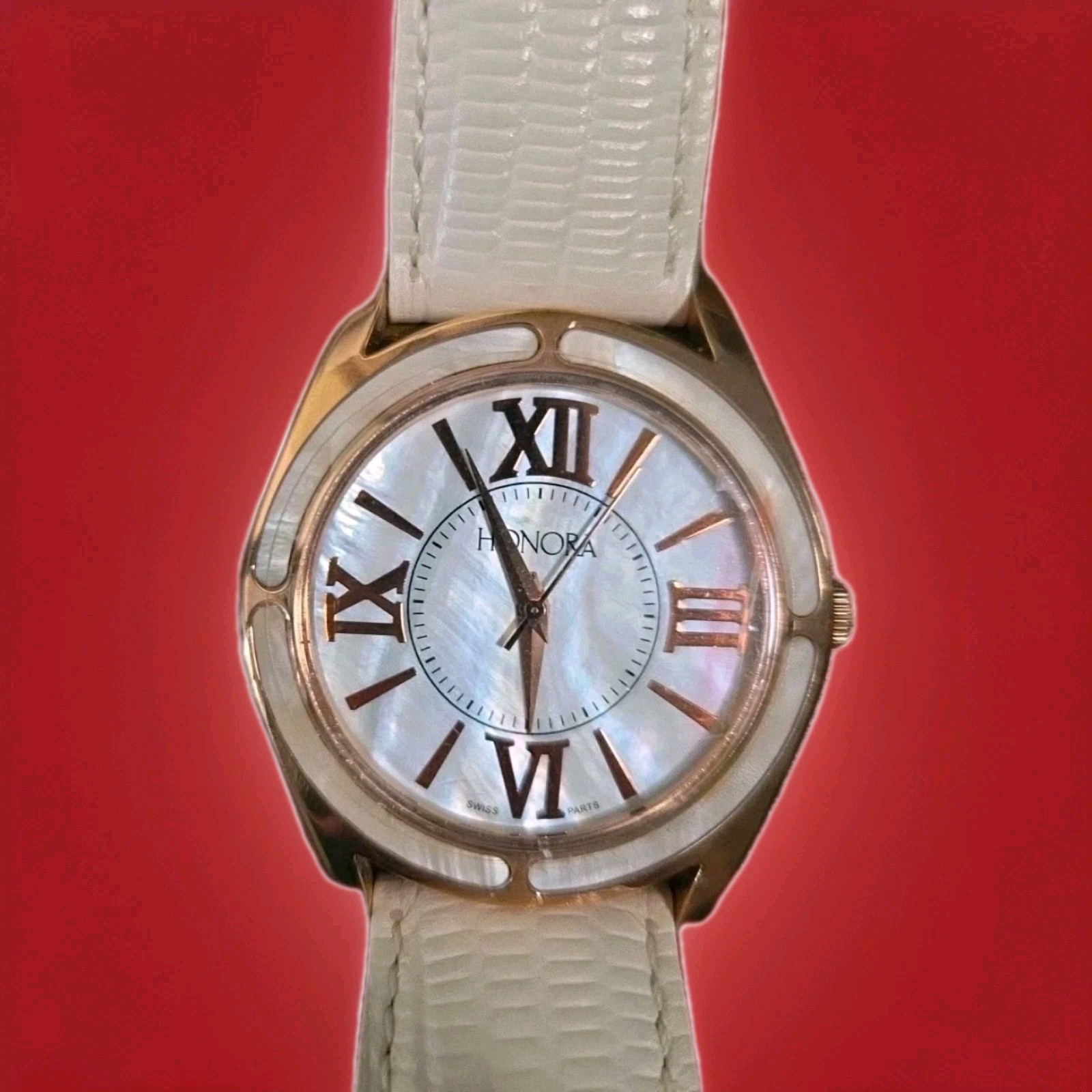 Mother Of Pearl Watch Ivory Leather Band Honora Rose Gold Tone Ladies Classic