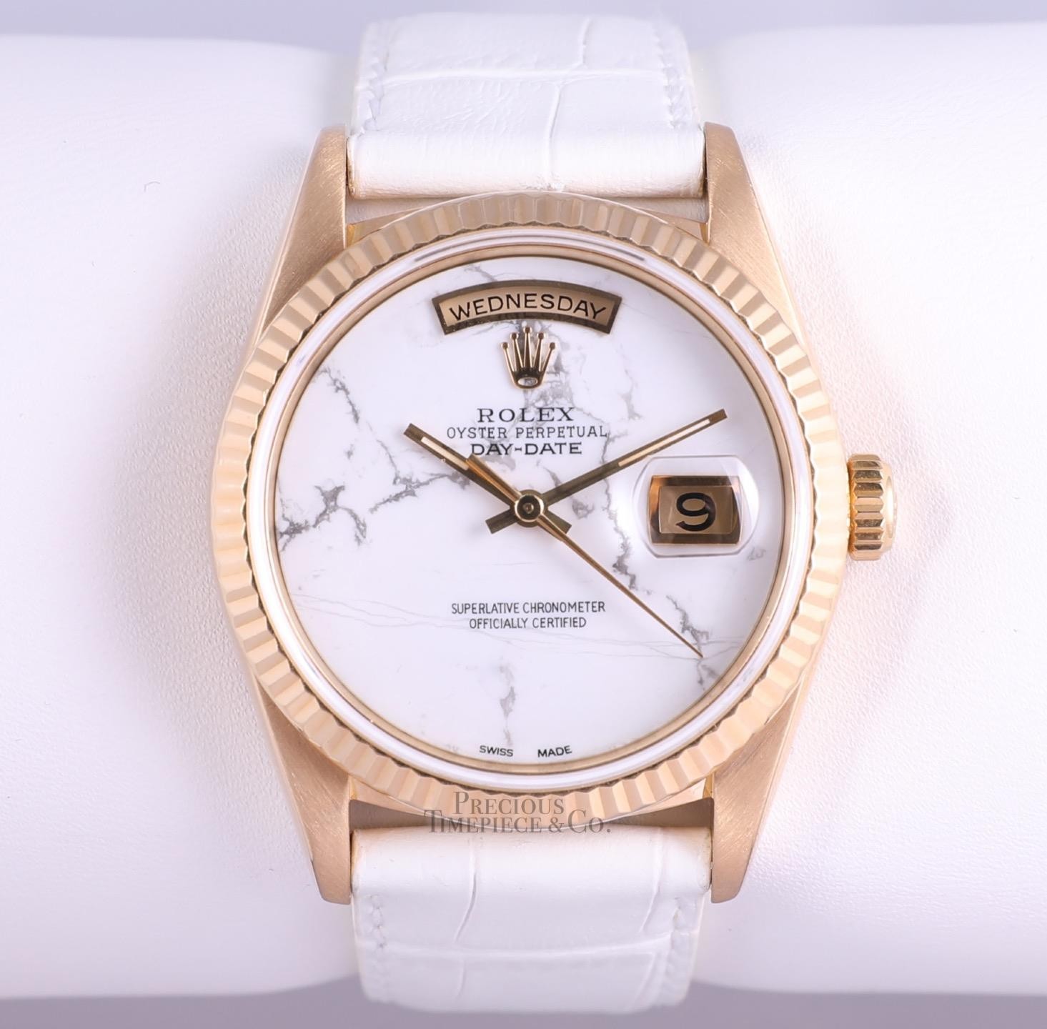 Rolex Day-Date 36mm President 18038 White Marble Dial White Leather 18K Fluted