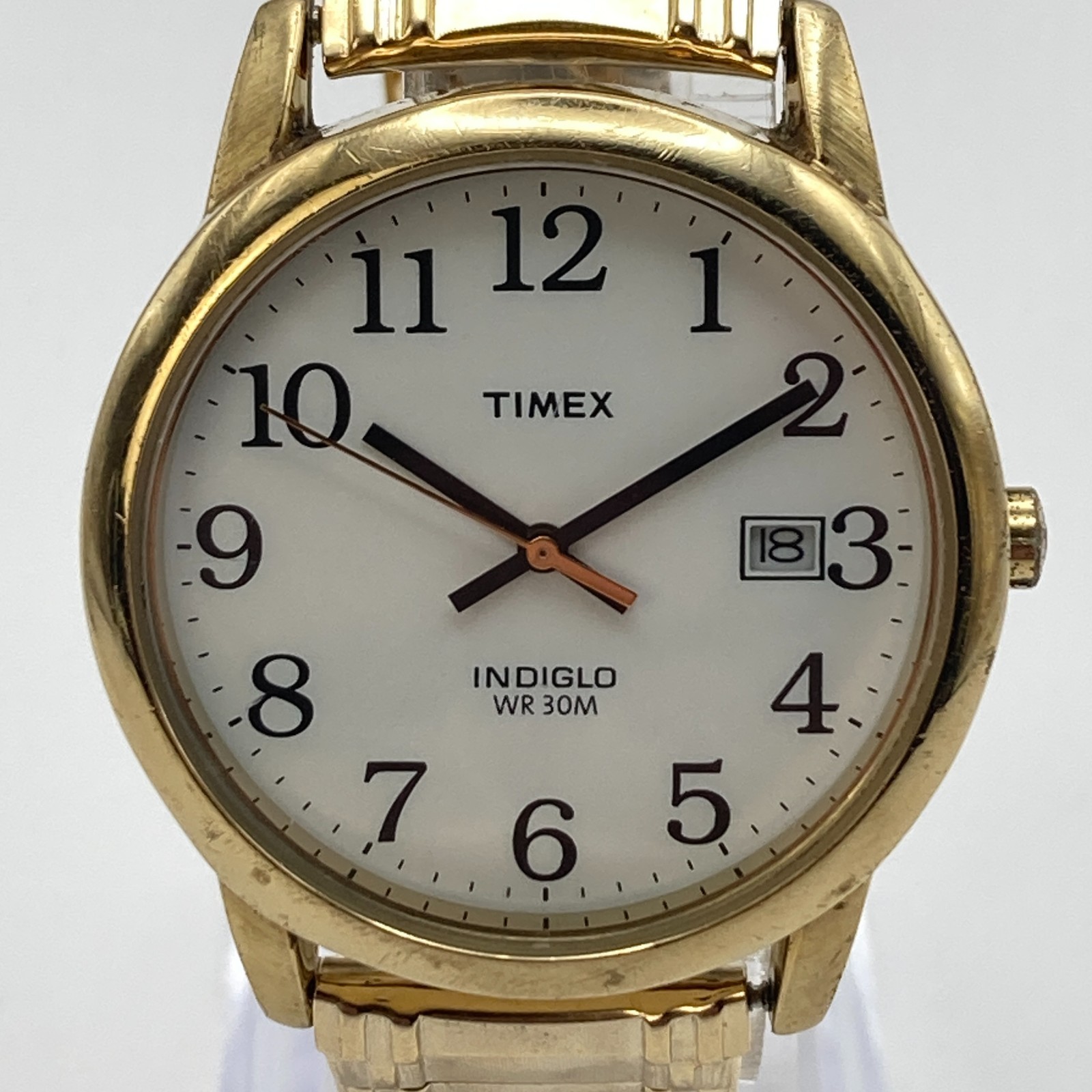 Timex Easy Reader Mens Watch 35mm Gold Tone Indiglo Date Stretch 30M New Battery