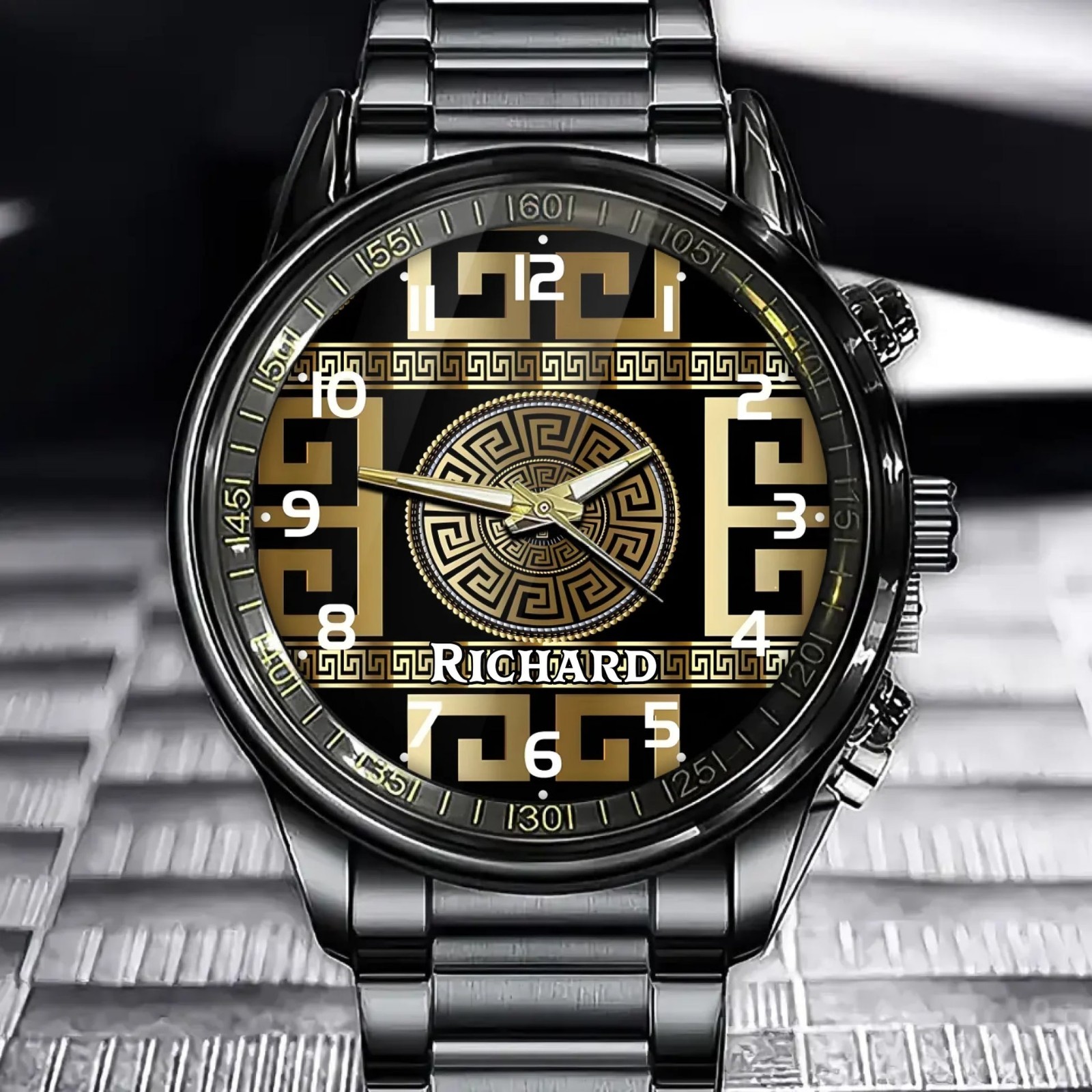 Eternal Greek Key Elegance – Personalized Geometric Artistry Watch with Custom N