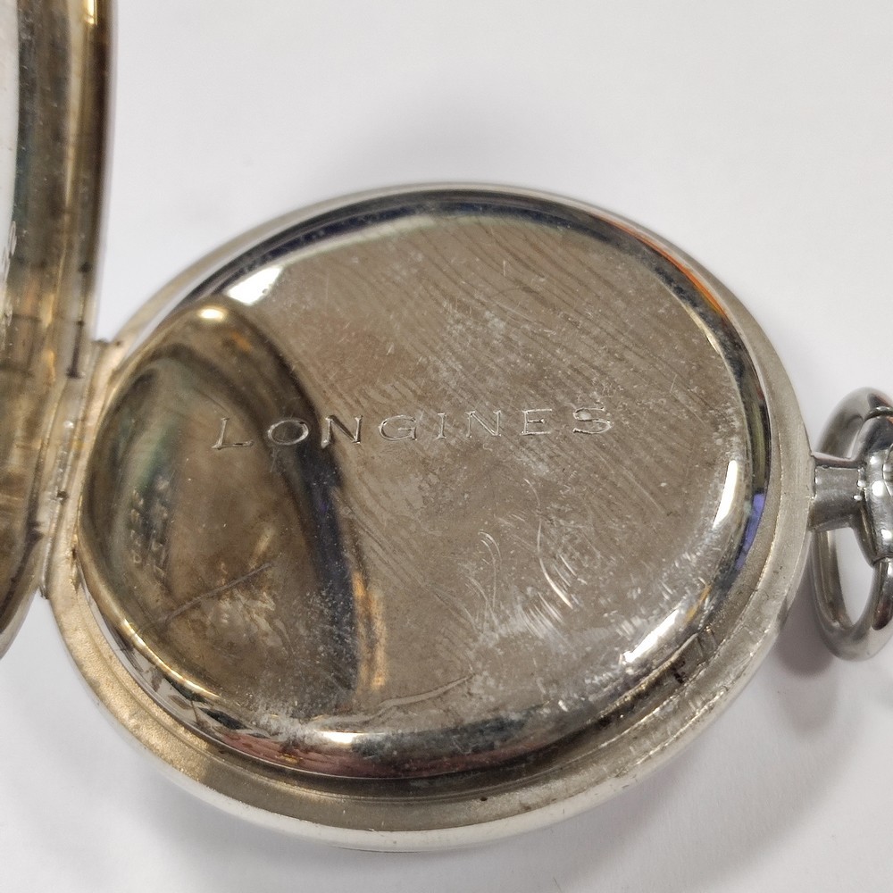 Longines White Dial Double Time Steel Pocket Watch