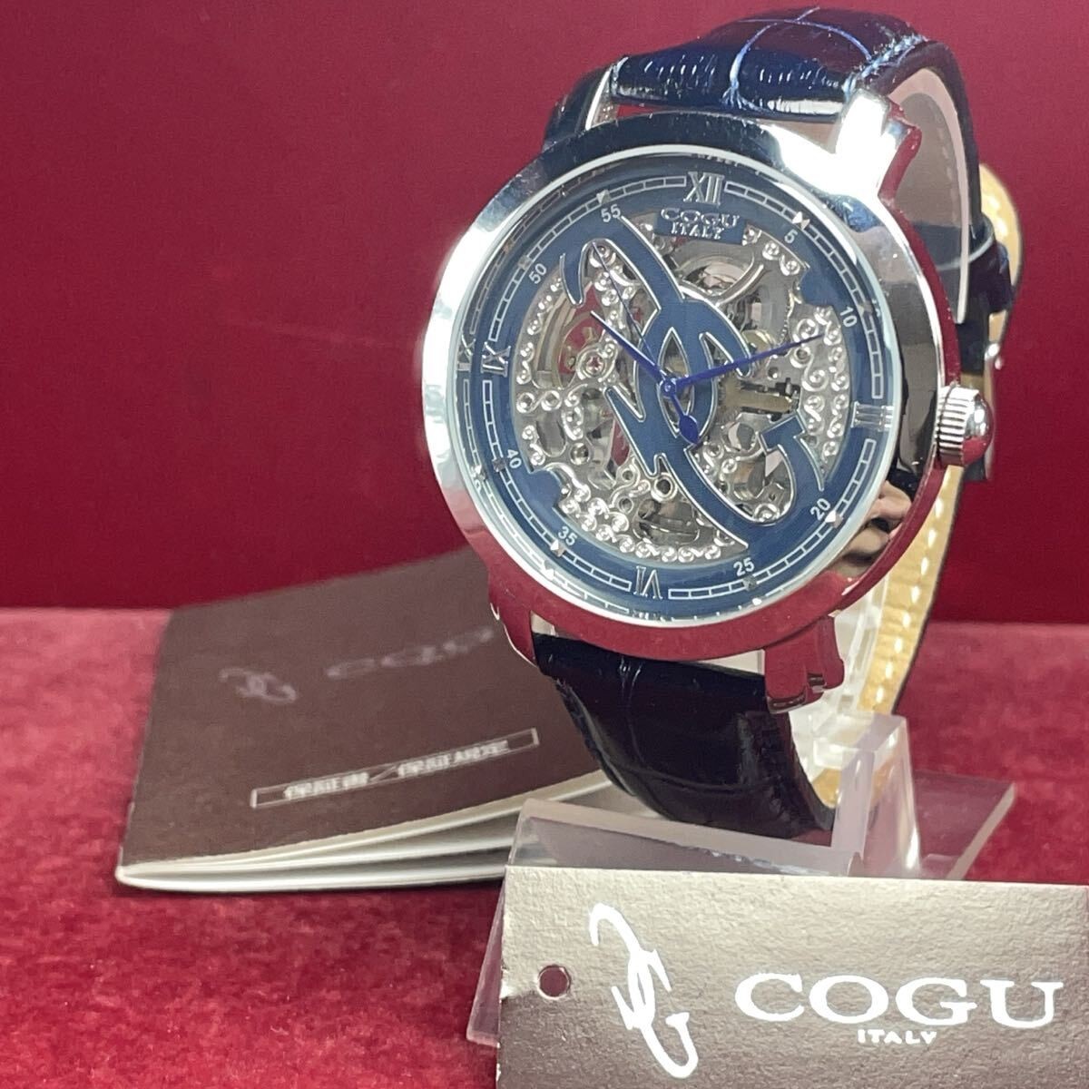 COGU Italy Automatic Skeleton Watch Blue Dial Leather Strap Unused w/Tag Japan