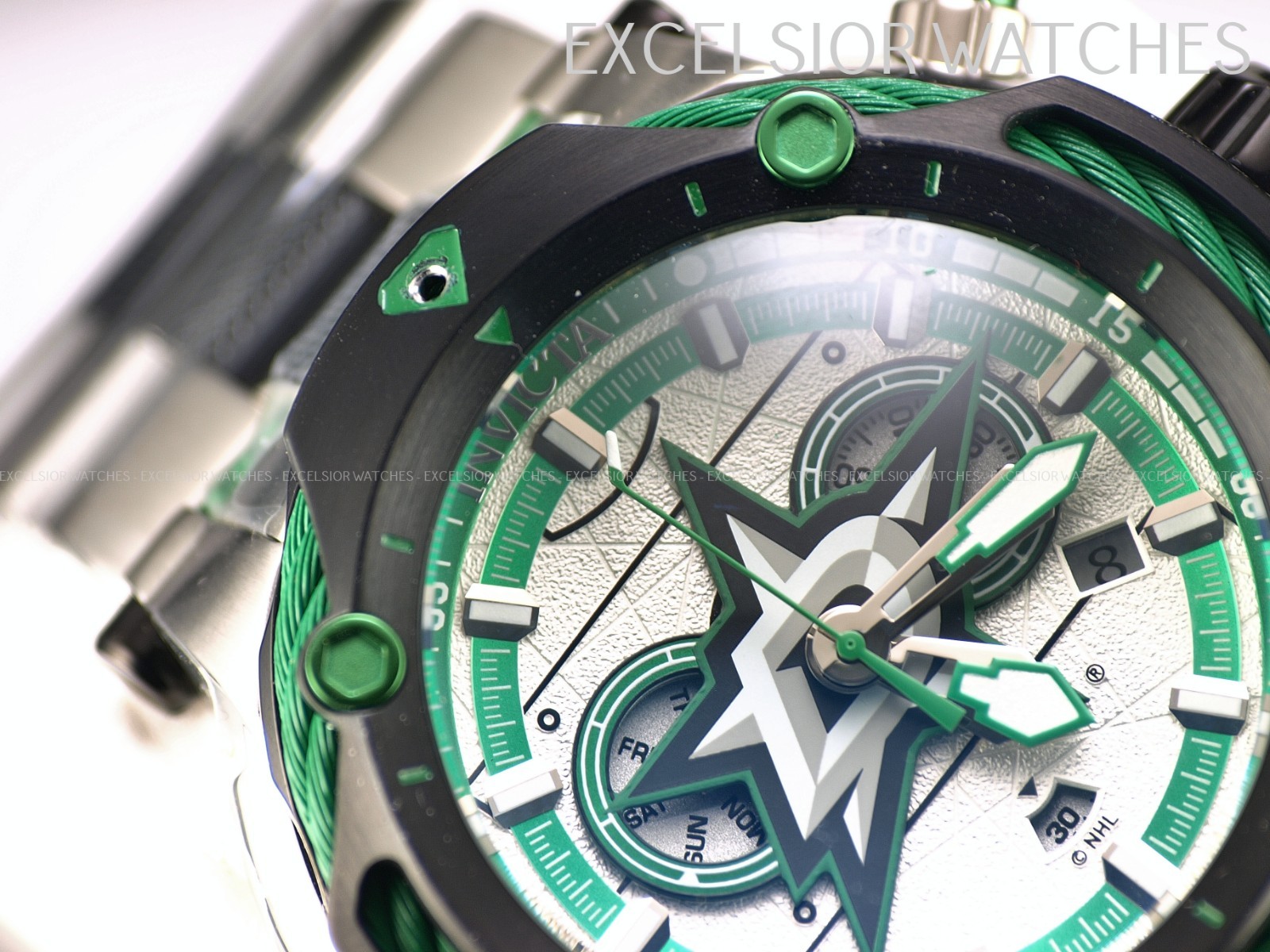 NWD Invicta 60mm Mens NHL DALLAS STARS BOLT Swiss Quartz Chronograph TT SS Watch
