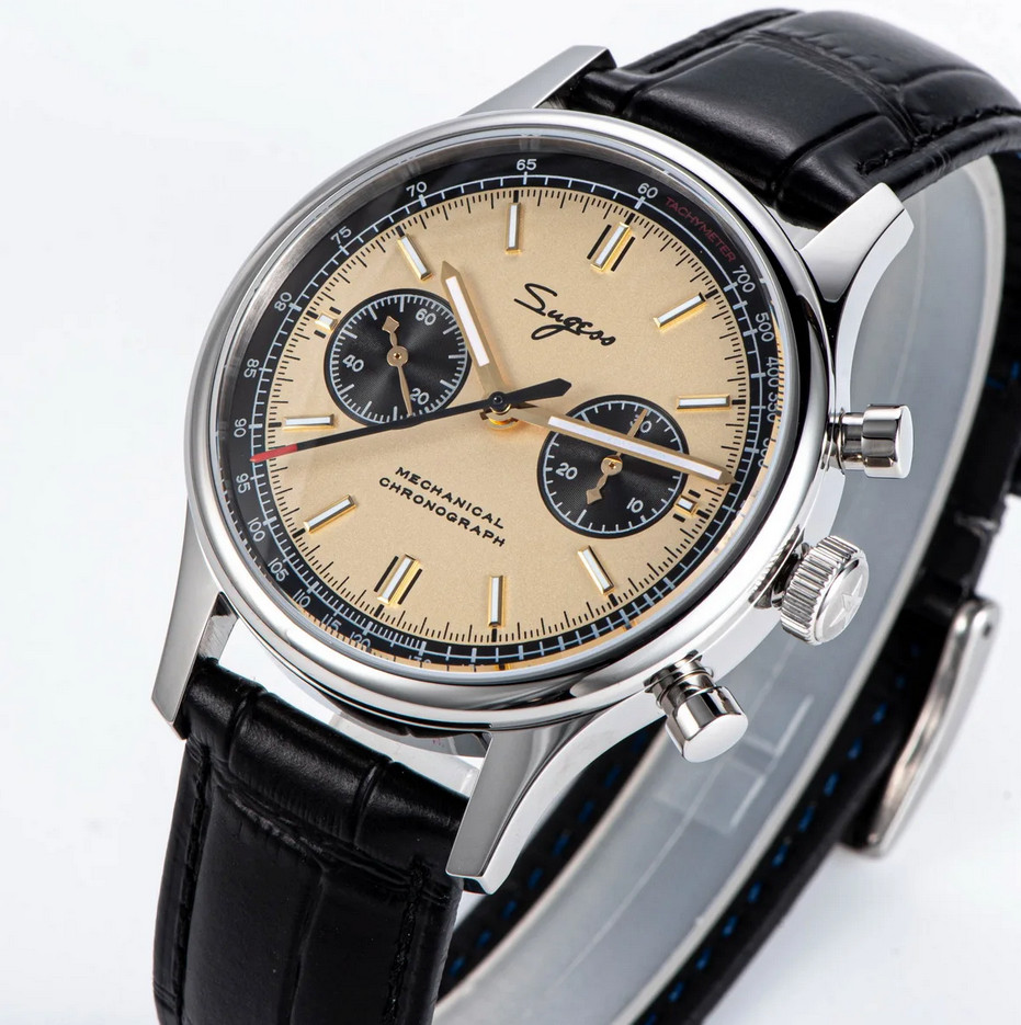 Sugess 1963 Watch Chronograph Mechanical Wristwatch Seagull ST19 Yellow Panda