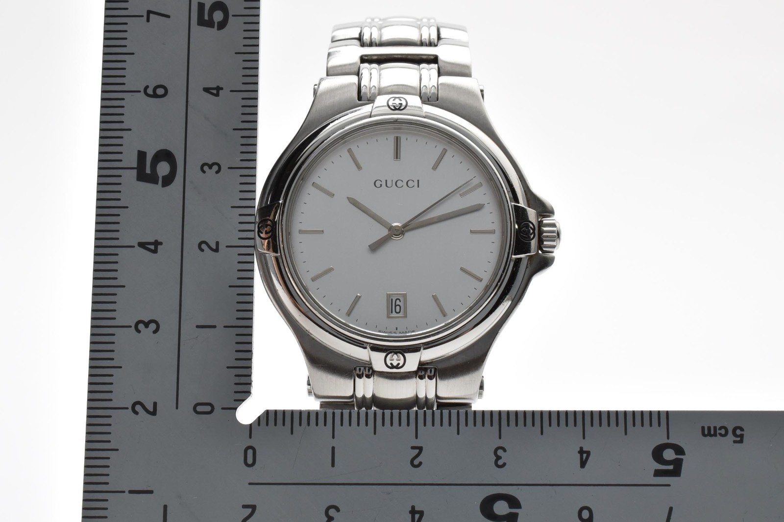 [Exc+5] GUCCI 9040M Quartz Silver Dial Date G-Logo Stainless Watch 16cm JAPAN