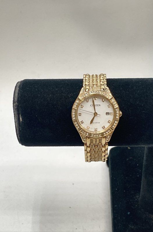 Citizen Eco-Drive Women’s Gold Tone Crystal Accented Watch 28mm 6″ 55.7g