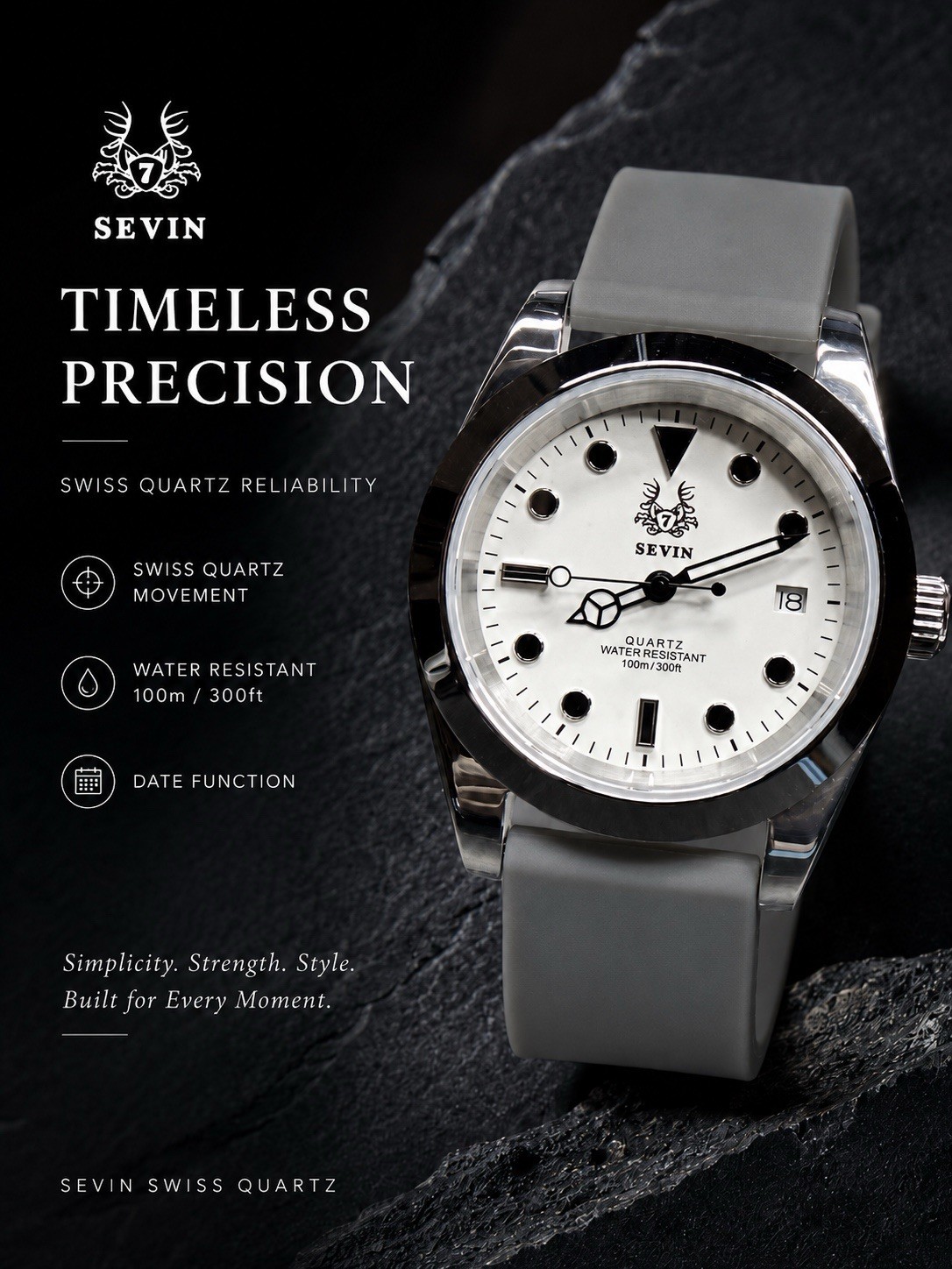 Sevin “Simplicity” Swiss Quartz Underwater Watch W/ Rubber Strap