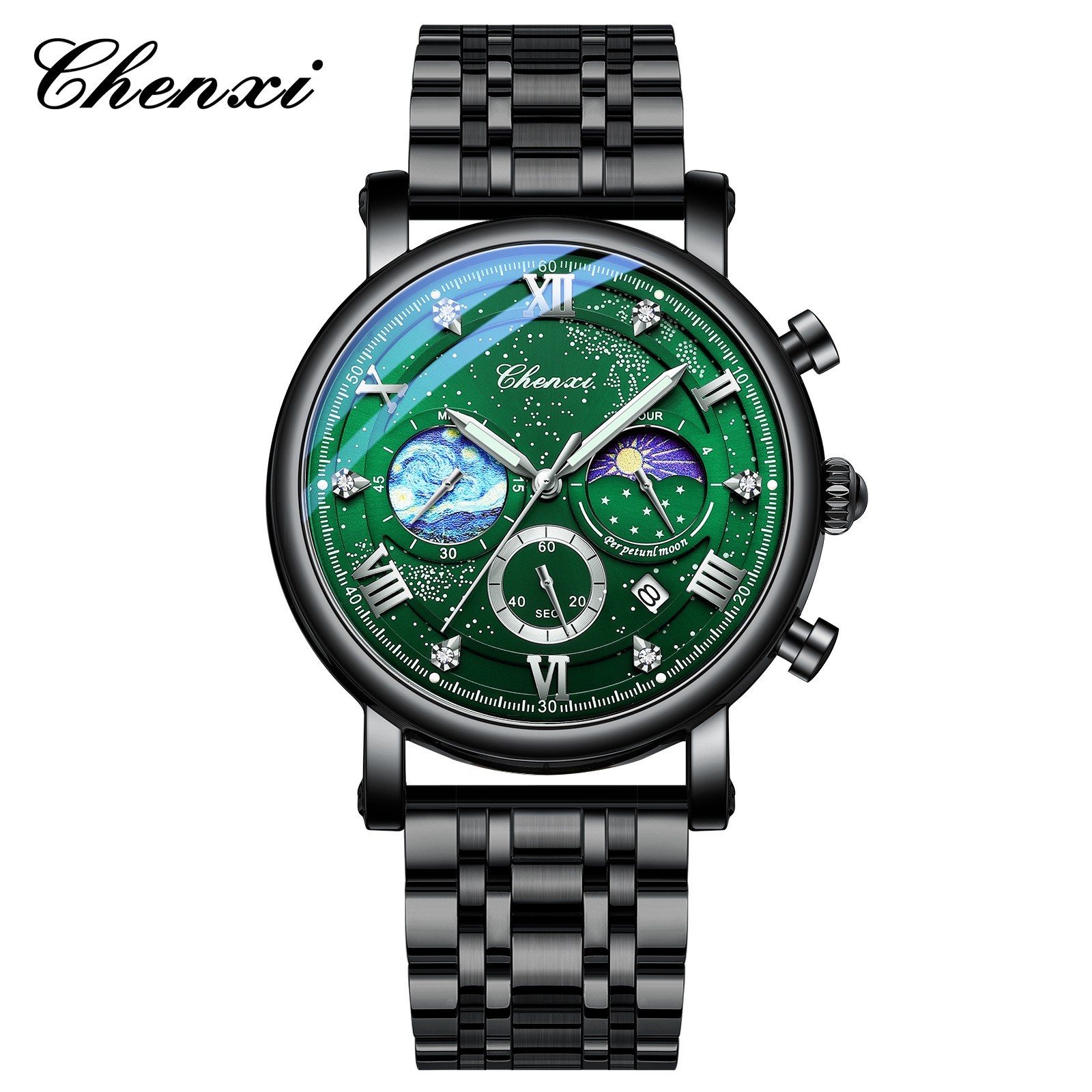CHENXI Men’s Luminous Dial Calendar Chronograph Moon Phase Business Quartz Watch