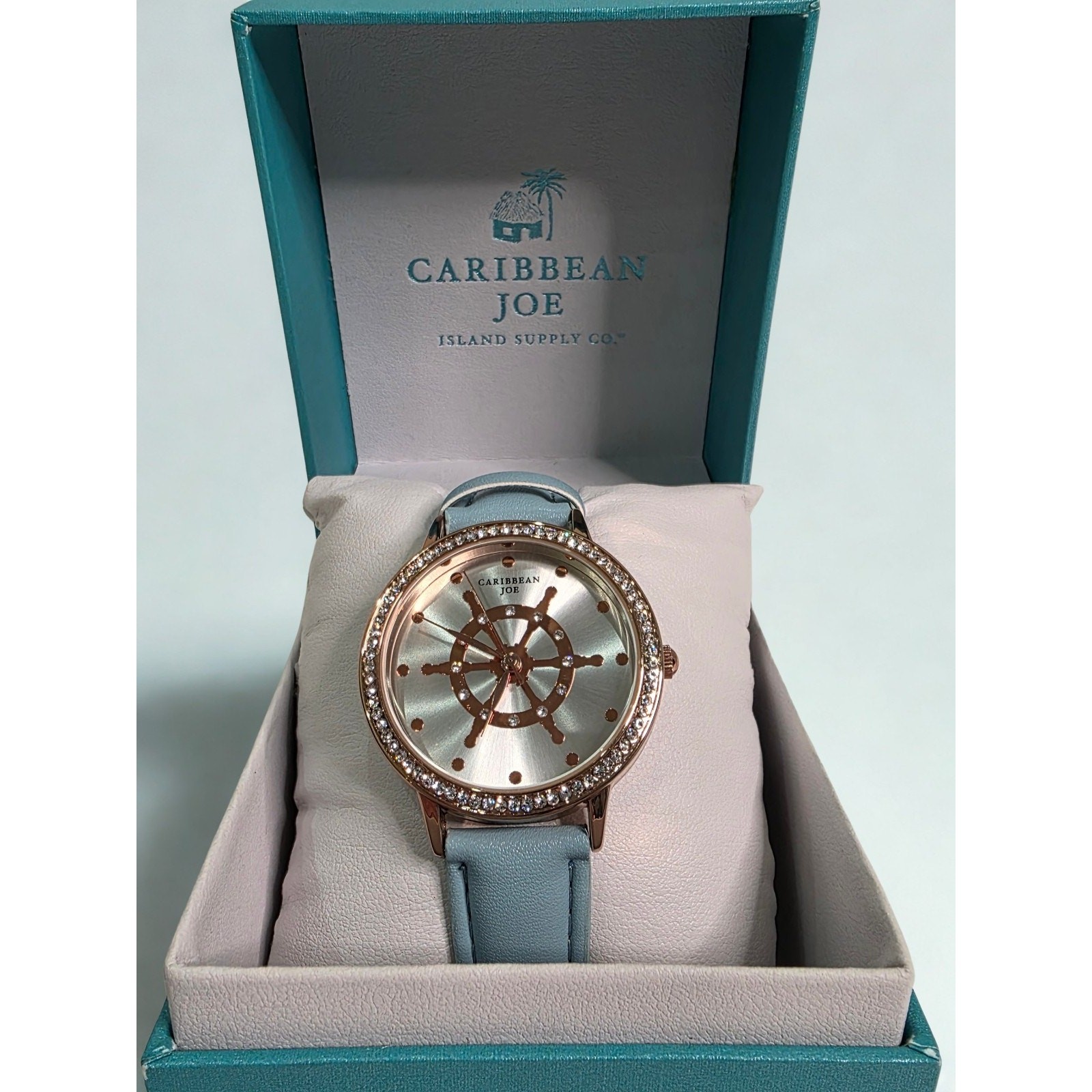 Caribbean Joe Women’s Nautical Ship Wheel Watch Rose Gold Blue Band
