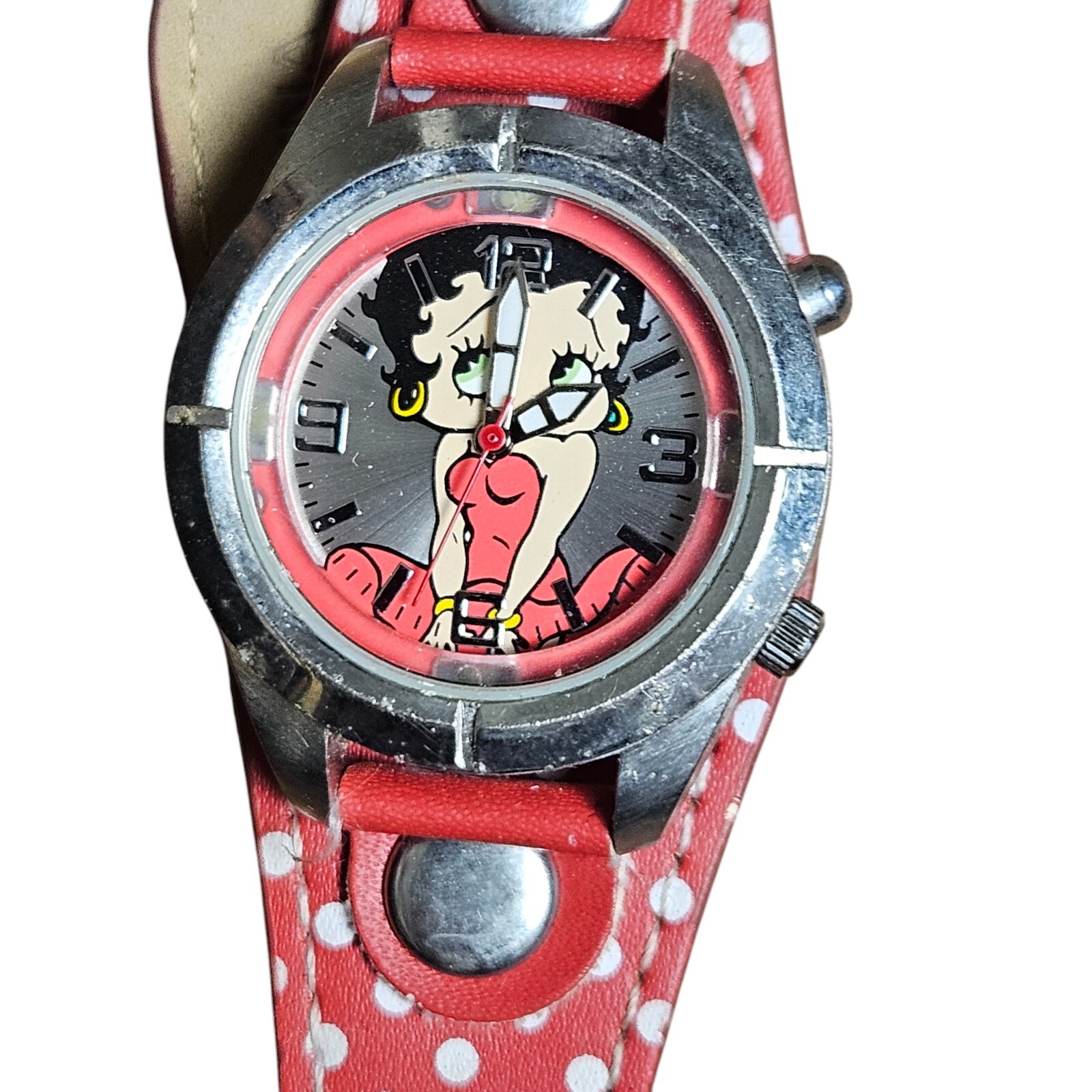 Betty Boop Red White Polka Dot Strap Band Faux Leather Wrist Watch Needs Battery
