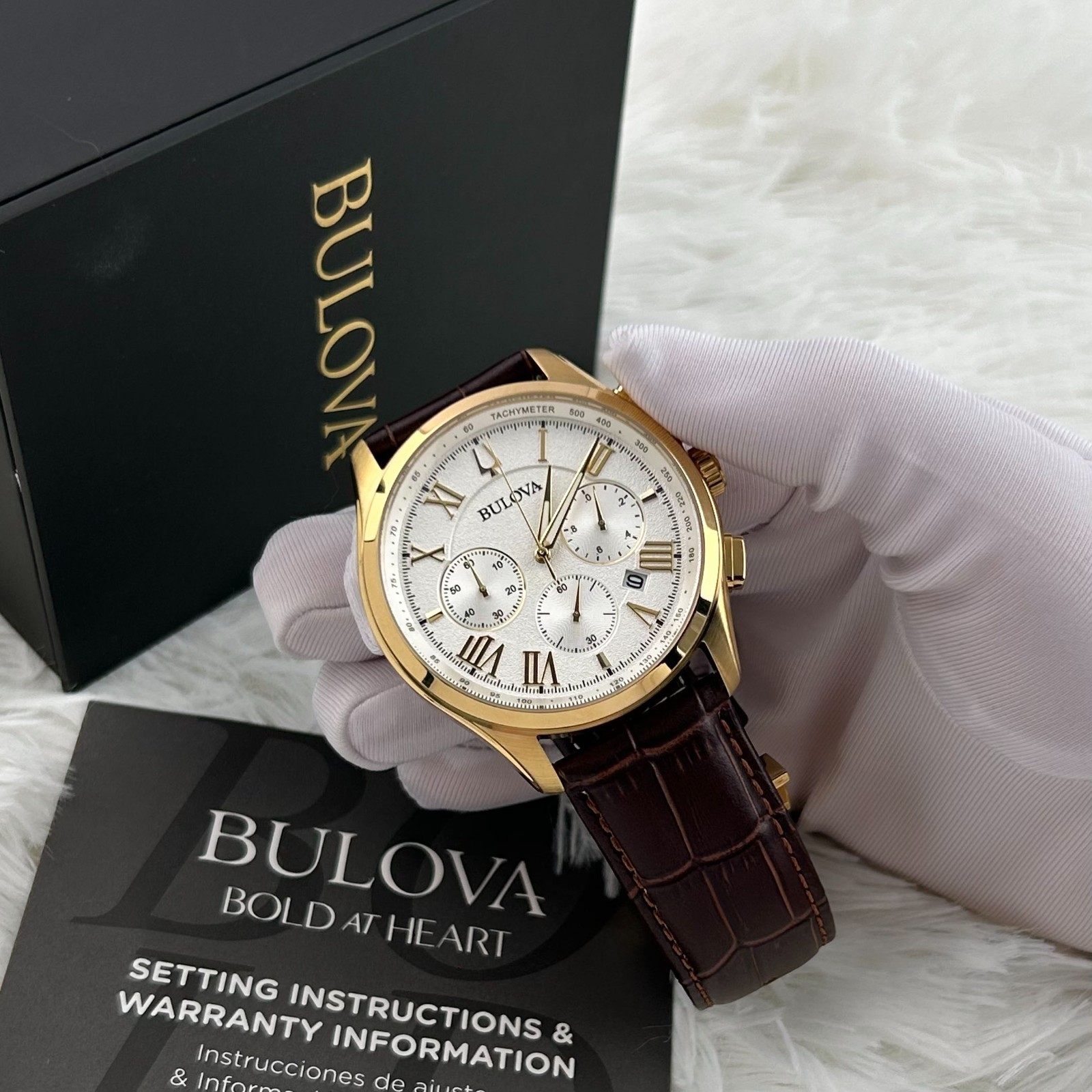 Bulova 97B169 Wilton Chronograph Gold Tone Brown Leather Men’s Watch 46.5mm