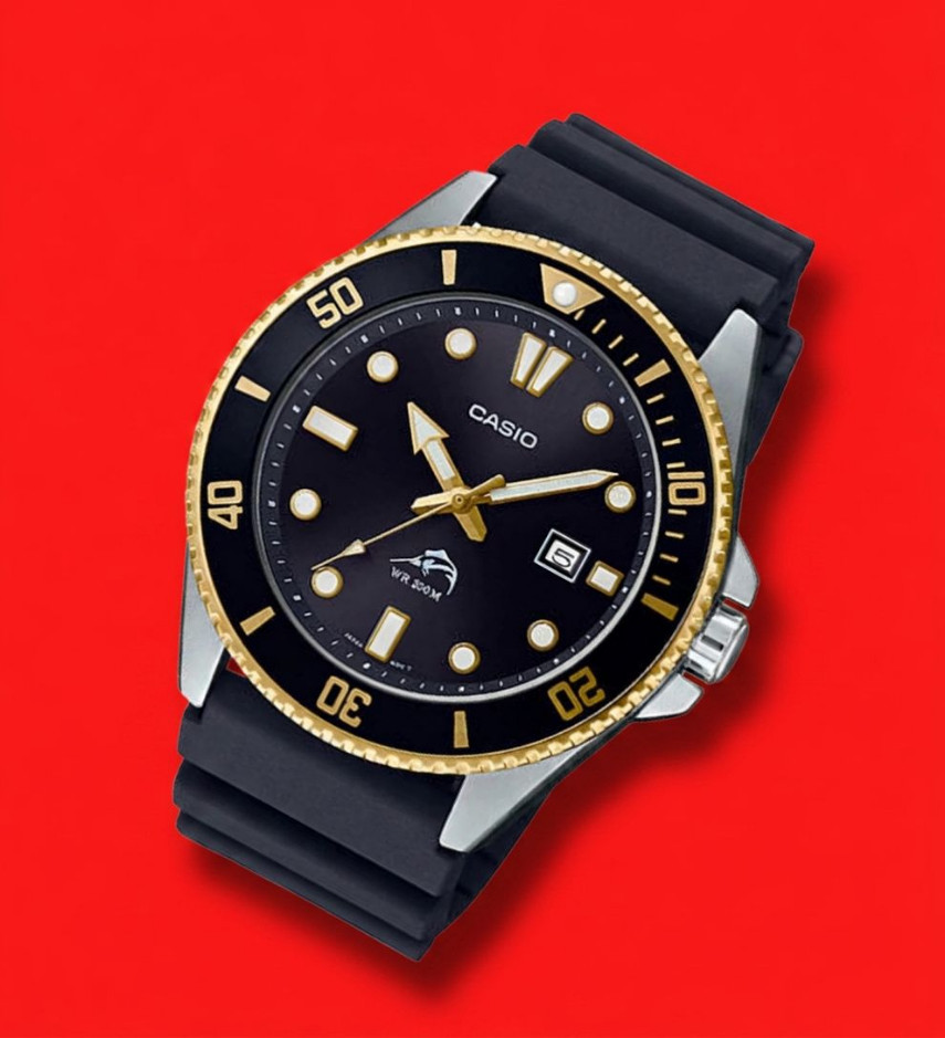 Casio Analog Watch Stainless Steel Nautical Diver Black Gold Dial Wristwatch
