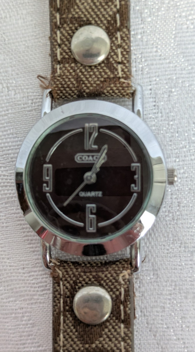 COACH Watch Signature Logo Canvas Leather Band Brown Dial Silver Bezel Case