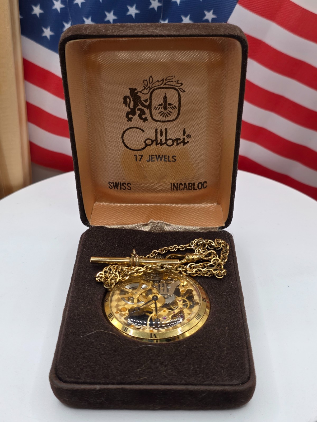 Colibri skeleton pocket watch with FOB chain original box