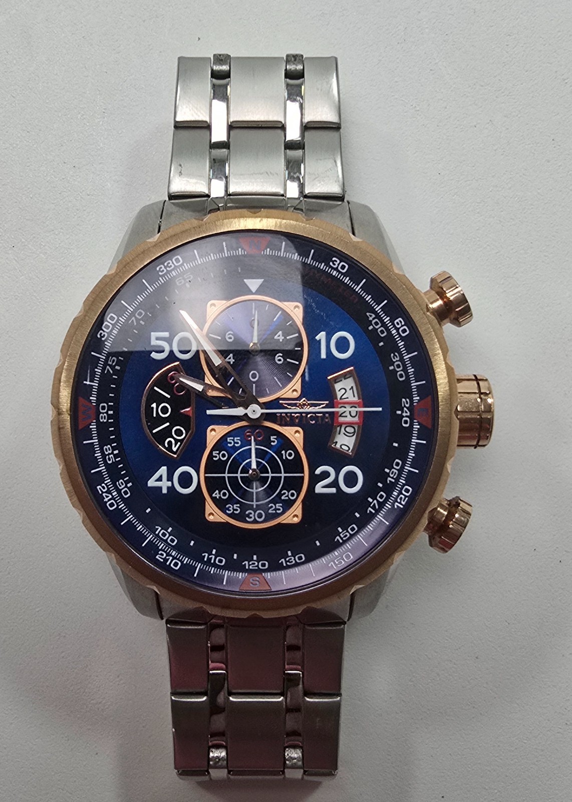 Invicta Aviator Men 17203 Chronograph Blue Dial Two Tone Steel Needs Battery
