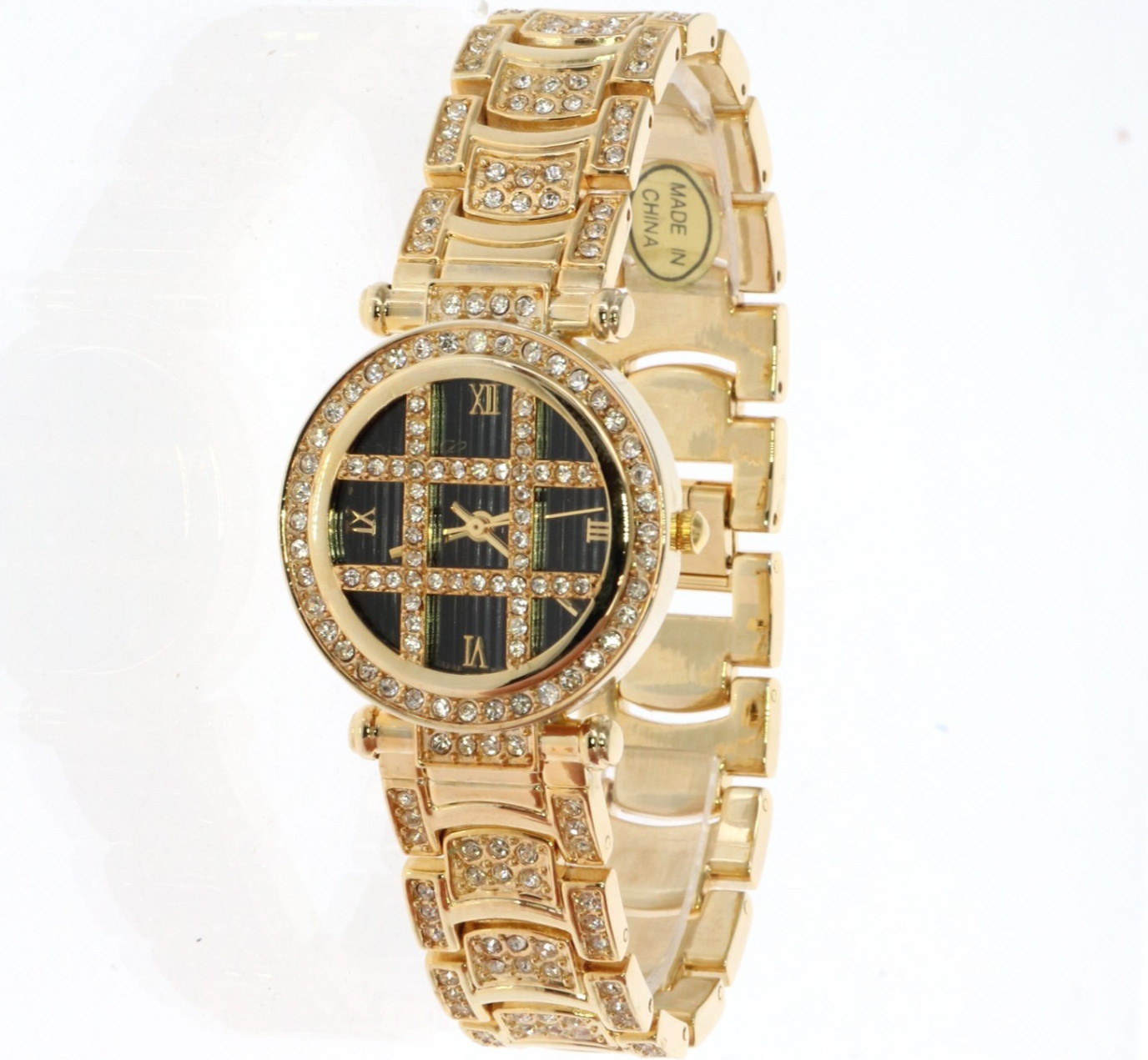 Women’s Gold Tone Fully Iced Bezel & Band Watch Black Dial 35.5mm