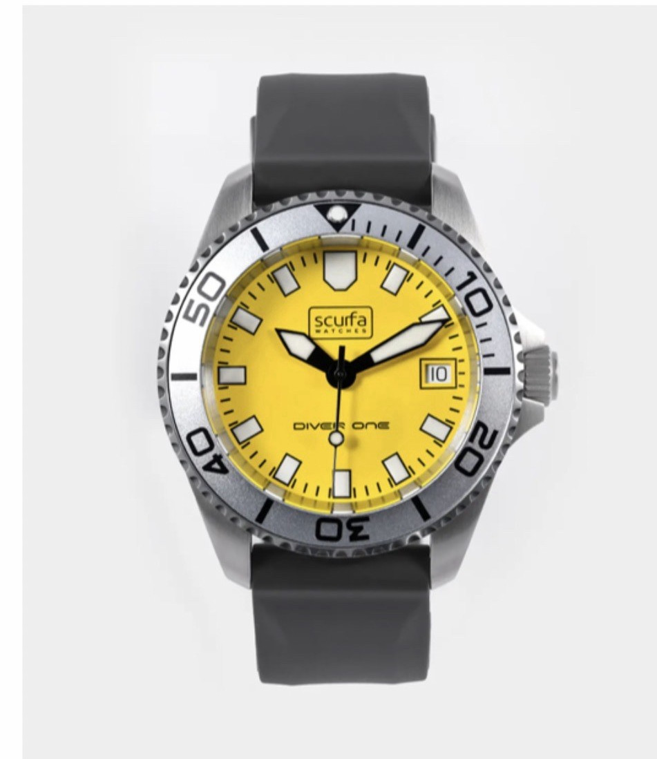 Scurfa Diver One Yellow Dial Quartz 500m Date Black Rubber Strap Watch
