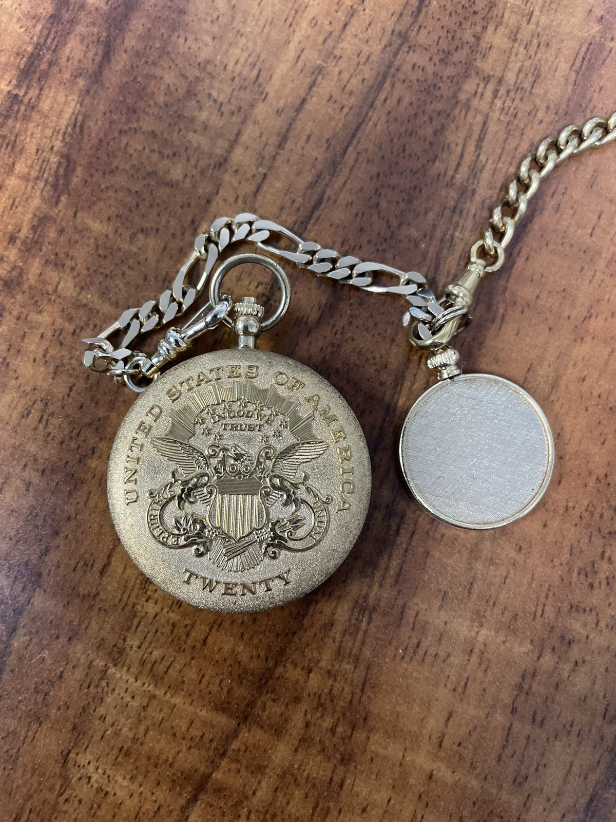 United States of America Pocket Watch Twenty Dollar Gold Tone Coin and Chain