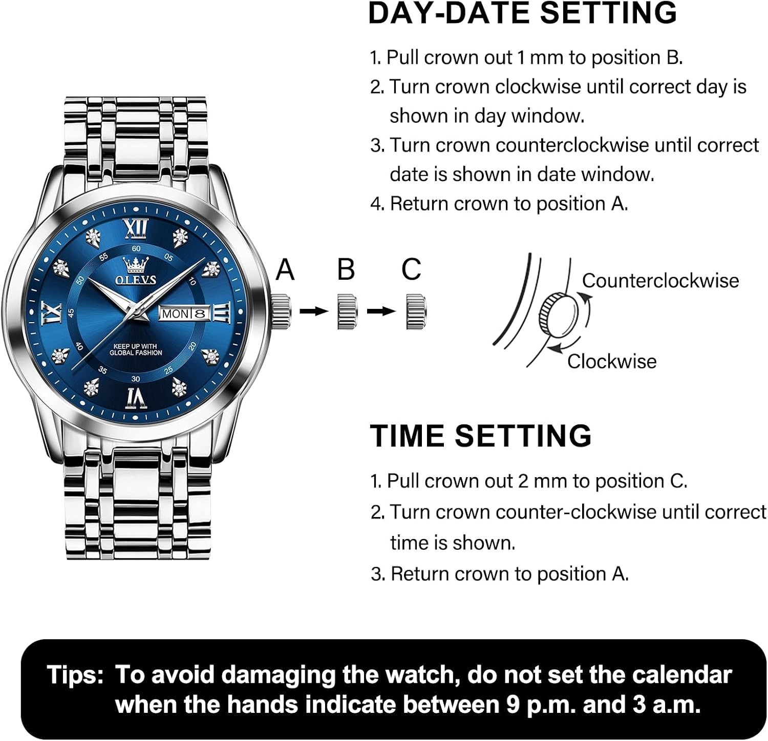 Men’s Large Face Stainless Steel Quartz Watch with Day Date & Diamond Indices