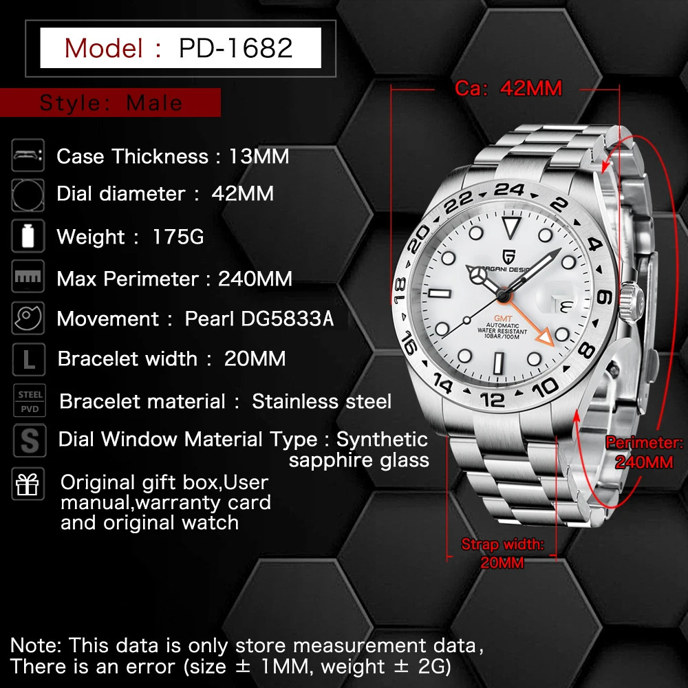 PAGANI DESIGN 42MM PD-1682 V2 Explorer II Men GMT Automatic Waterproof Watch