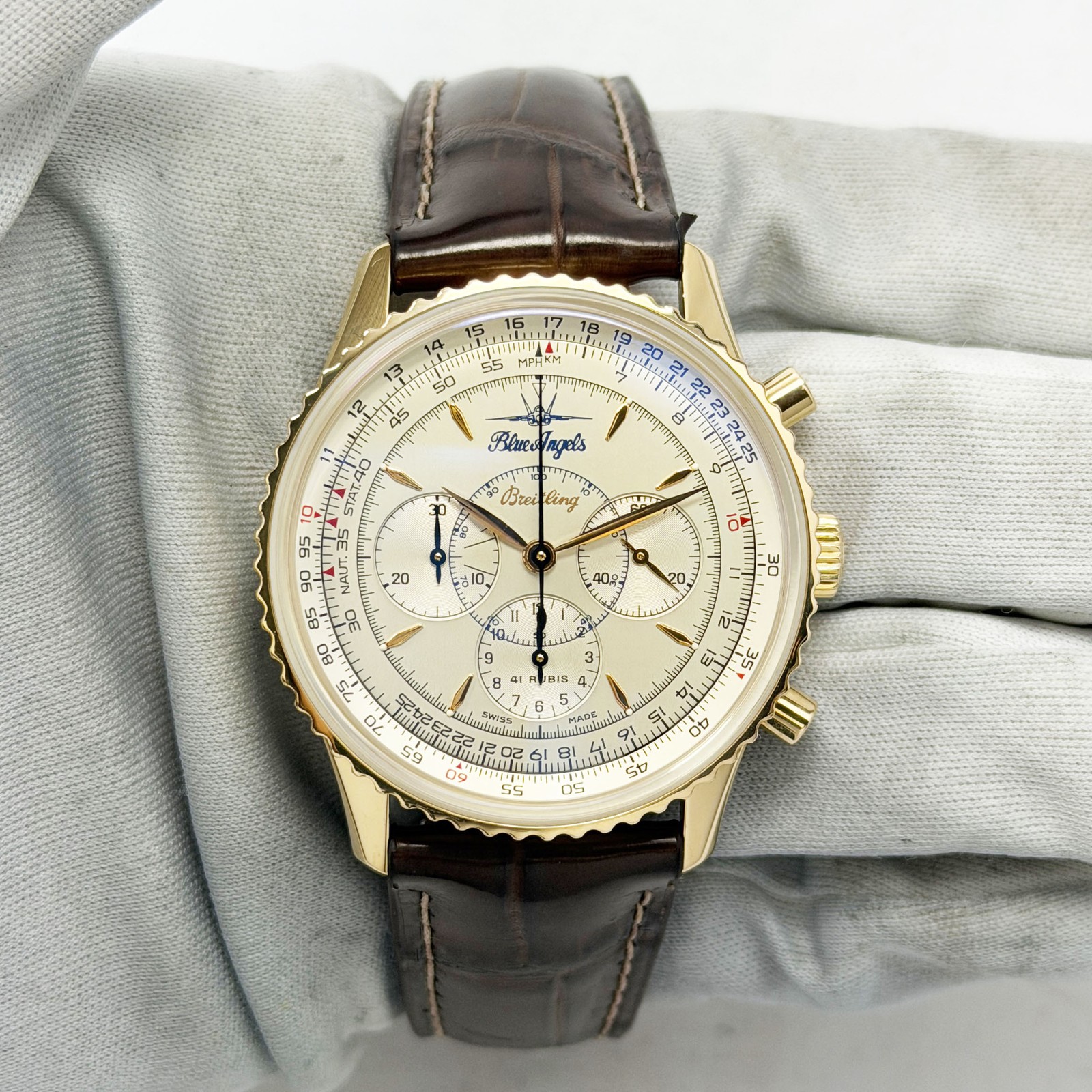 Breitling Montbrillant Navitimer Blue Angels H30030.1 38MM Silver Dial 18K Rose