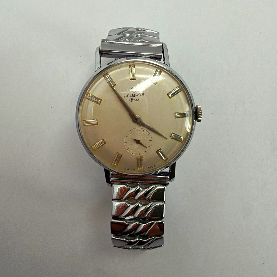 Helbros Swiss Made 17J Manual Wind Small Seconds Vintage Watch Silver Dial SS