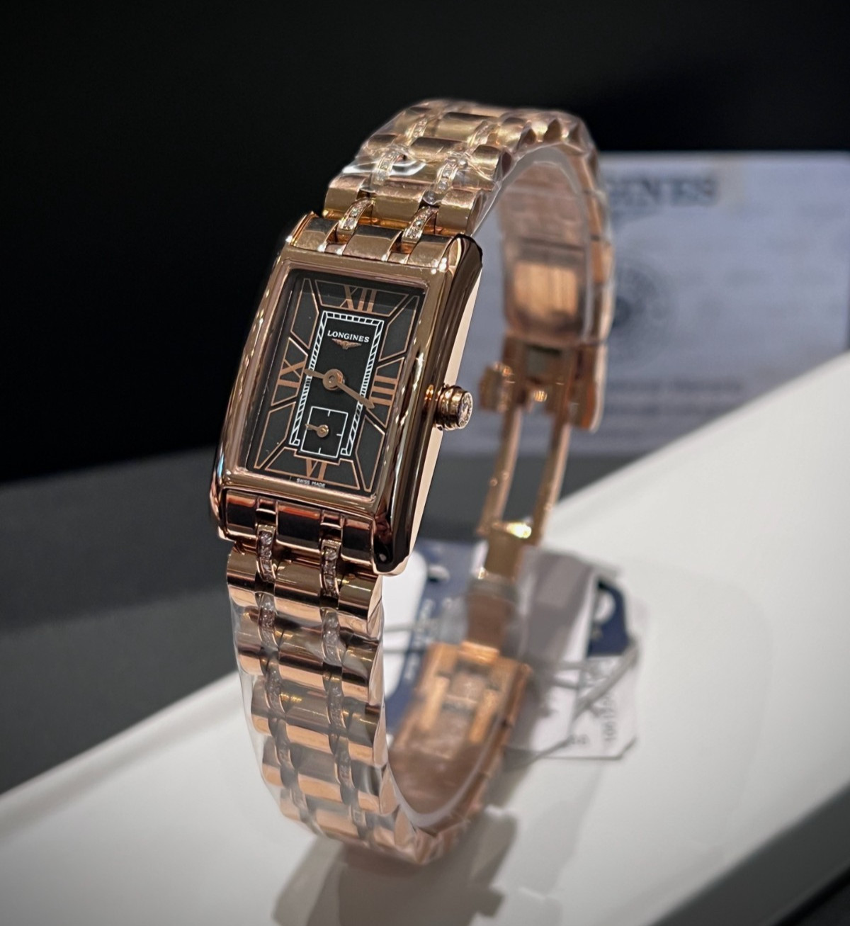 Longines DolceVita Women’s Quartz Rose Gold Black Dial 33x22mm Watch New