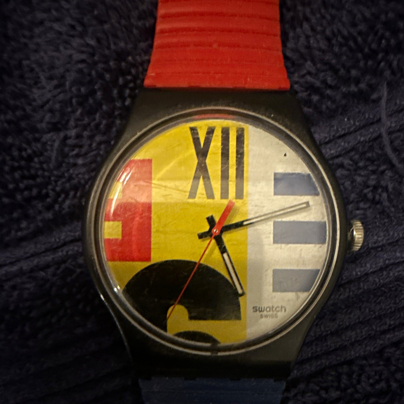 Swatch Quartz Analog Multicolor Geometric Dial Roman Numerals 34mm Red/Blue