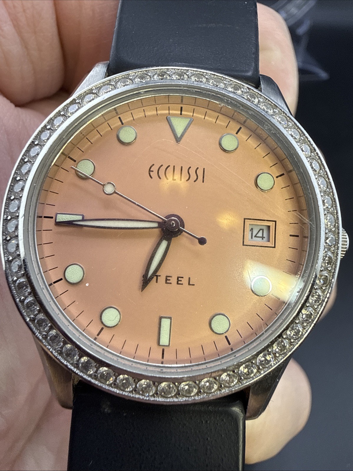 Ecclissi Watch Salmon Day Dial Gemstone Bezel 36mm Unisex Bi Fold Snap Strap