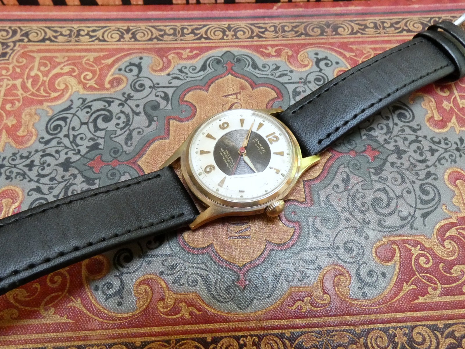 Vintage ANKER 1950s Reverse Tuxedo Bullseye Dial 17J Mechanical Gold Plated 33mm